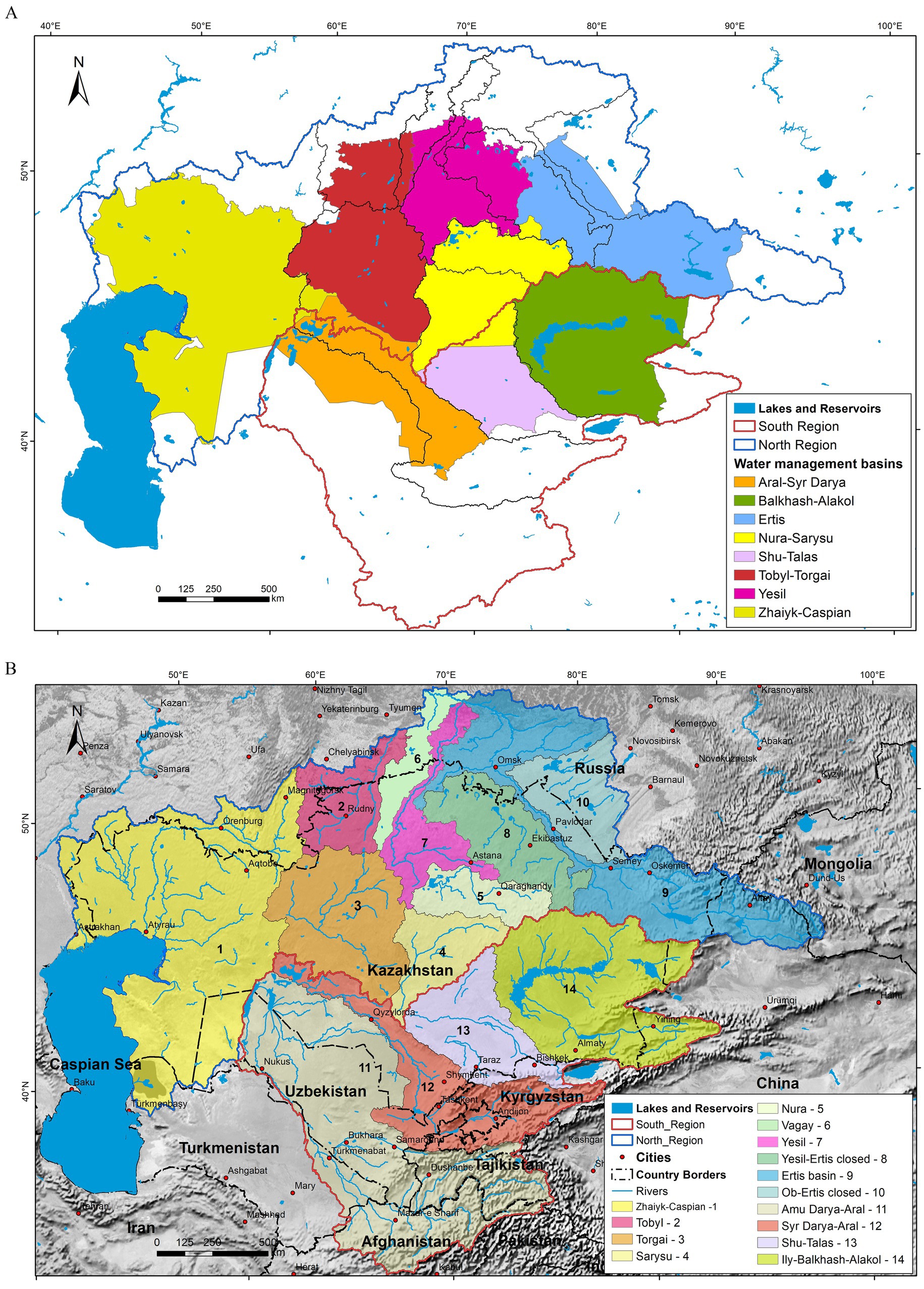 Map showing Kazakhstan water management and regional hydrological river basins. Panel A outlines water management basins like Aral-Syr Darya and Balkhash-Alakol with color coding. Panel B illustrates Central Asian regional basin which has some of territory in Kazakhstan and highlighting lakes, reservoirs, rivers, and cities. Legends indicate specific regions and water features.