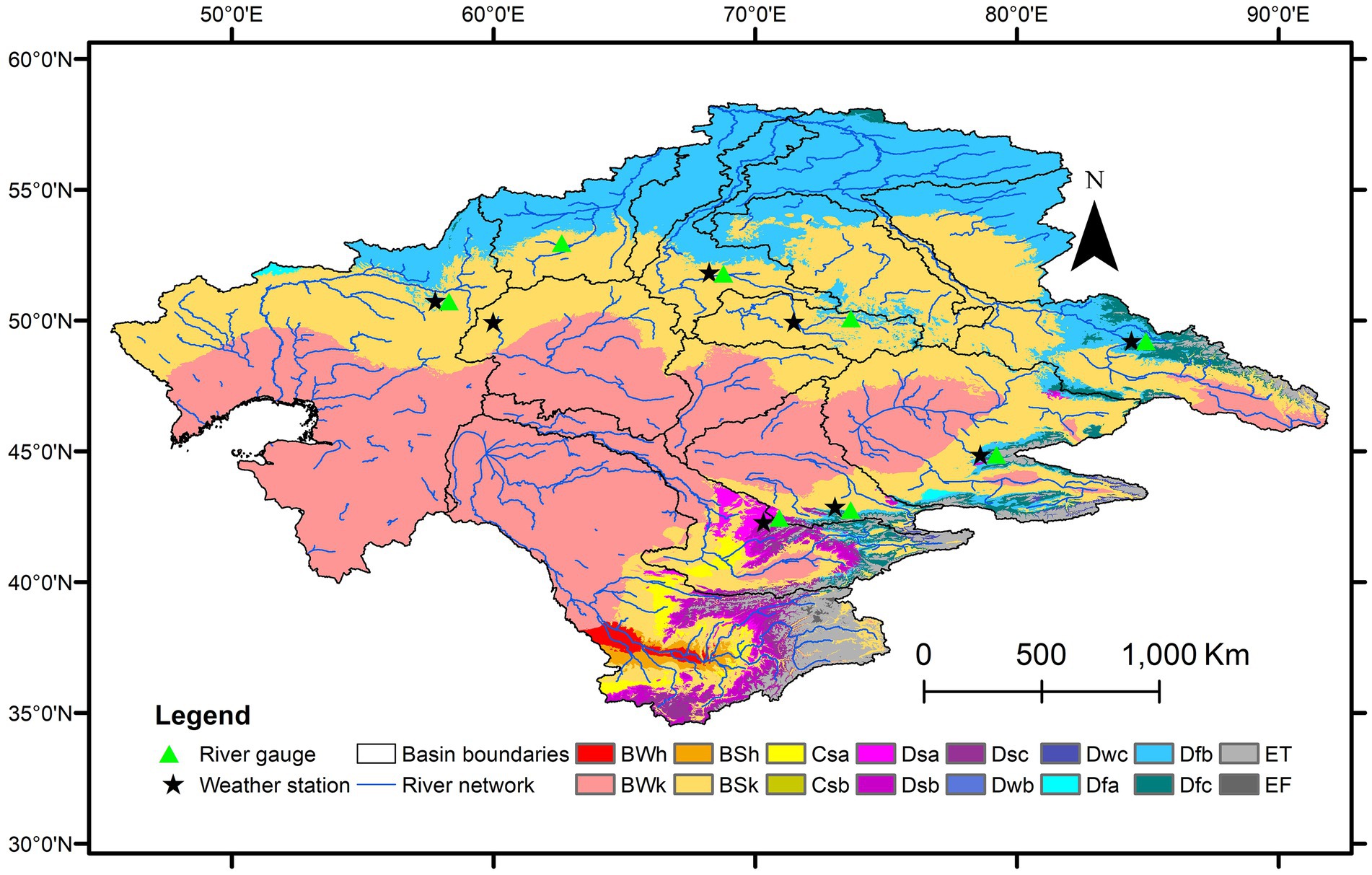 Map illustrating a region with color-coded bioclimate zones and river networks. Legends indicate river gauges, weather stations, and basin boundaries. Colors such as blue, yellow, and pink represent different bioclimate classifications. Triangles denote river gauges, and stars represent weather stations. A north arrow is included for orientation.