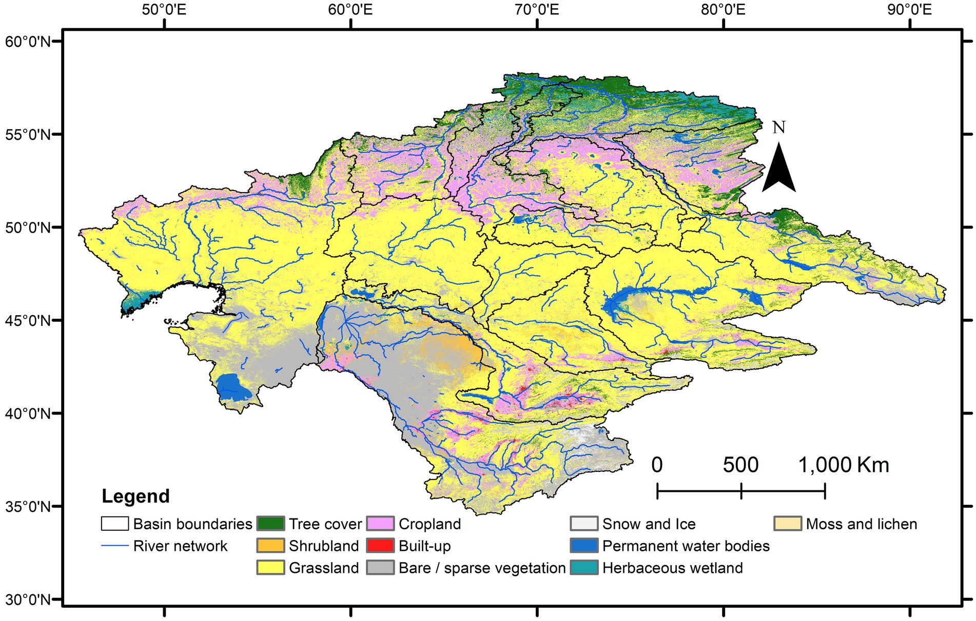Map of Kazakhstan showing different land cover types. Basin boundaries are outlined, with a river network in blue. Yellow indicates grasslands, green shows tree cover, and pink represents cropland. Other colors denote shrubland, built-up areas, snow and ice, moss, lichen, permanent water bodies, and herbaceous wetlands. A north arrow and scale bar are included.