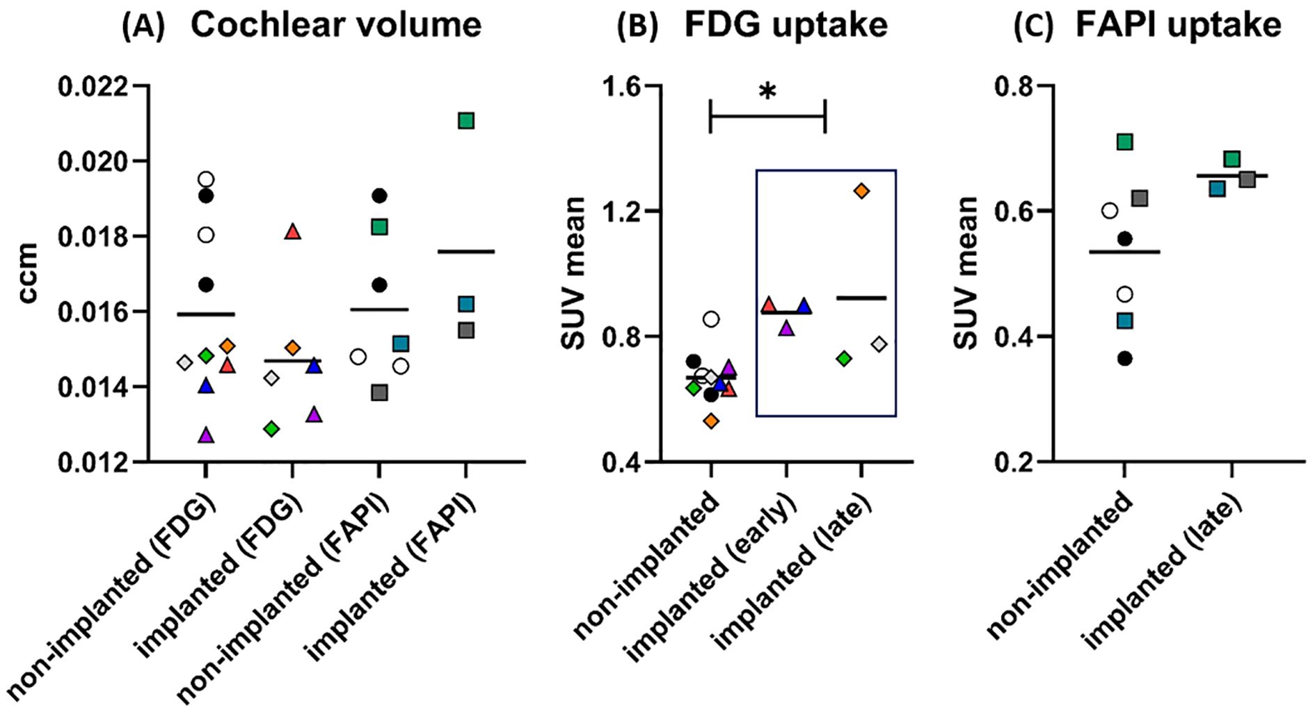 Graphs displaying cochlear volume and uptake measurements. (A) Cochlear volume graph shows varying volumes for non-implanted and implanted groups using FDG and FAPI. (B) FDG uptake shows significant difference marked by an asterisk between non-implanted and early implanted groups. (C) FAPI uptake graph compares non-implanted and late implanted groups, indicating similar uptake levels. Different symbols represent data points in all graphs.