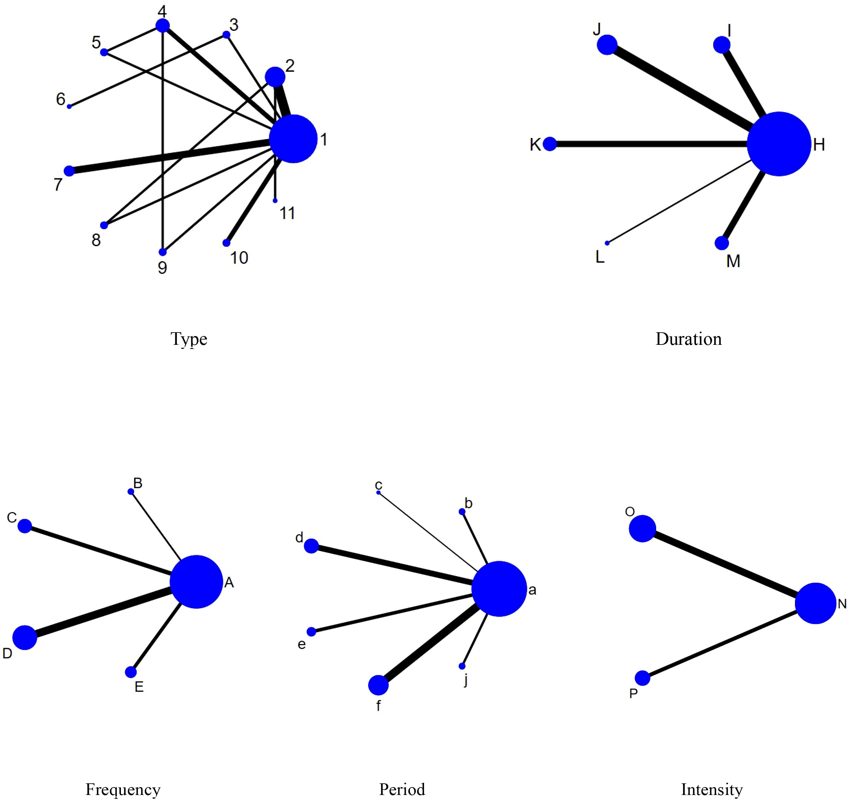 Network diagrams show connections across four categories: Type, Duration, Frequency, and Intensity. Each diagram features a central blue node with varying degrees of connections to smaller nodes, indicated by lines of differing thicknesses.
