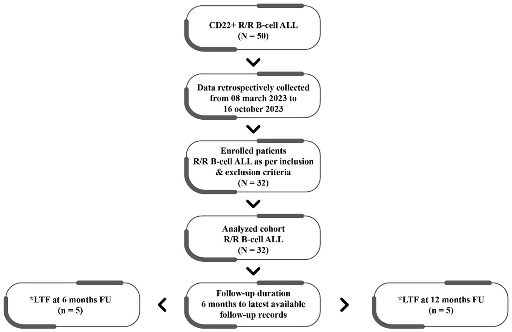 Out of 50 cases identified of CD22+ relapsed/refractory (R/R) B-cell ALL, retrospective data collected between March 8 and October 16, 2023, 32 patients were found eligible, who were enrolled and analyzed. Follow-up ranged from 6 months to the latest available records, with 5 patients lost to follow-up at 6 months and 5 at 12 months.