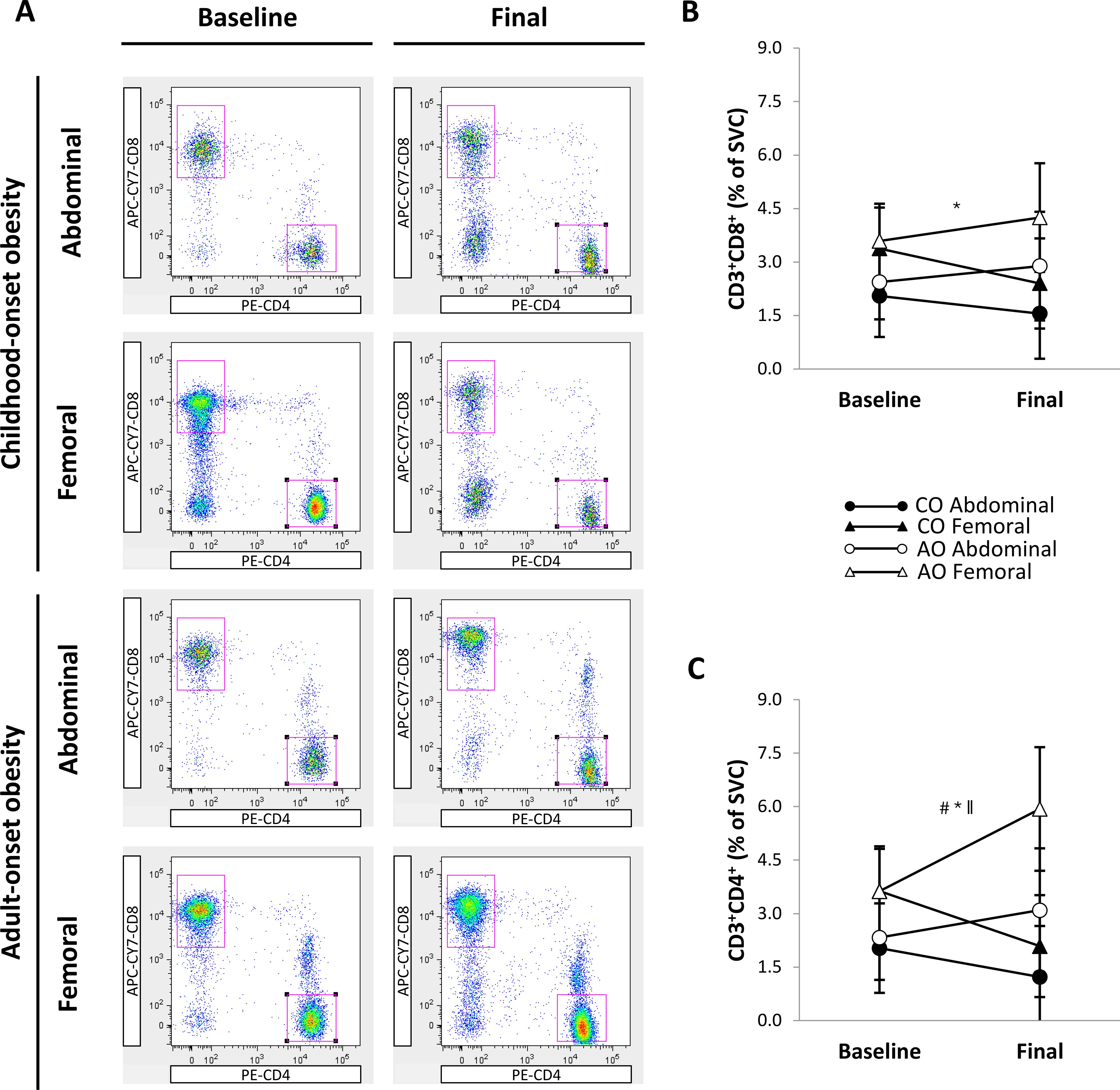 Flow cytometry plots and two line graphs show baseline and final T-cell populations in abdominal and femoral subcutaneous adipose tissue (SAT) of two groups: childhood-onset obesity (CO) and adult-onset obesity (AO). Graph B shows CD3+CD8+ T-cell percentages, which did not significantly change in either group or SAT region over time. Graph C shows that the percentage of CD3+CD4+ T cells increased in the abdominal and femoral SAT of AO only. At the final time point, the percentages of abdominal and femoral CD3+CD4+ T cells were greater in AO than in CO.