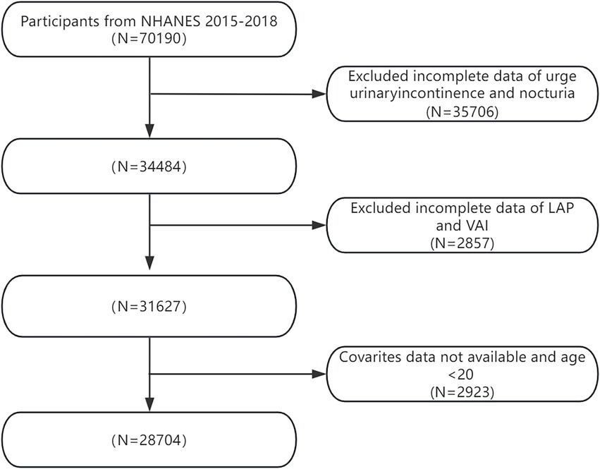 Flowchart illustrating exclusion criteria for NHANES 2015-2018 participants. Starting with 70,190 participants, 35,706 were excluded due to incomplete urge urinary incontinence and nocturia data. Next, 2,857 were excluded for incomplete LAP and VAI data, reducing to 31,627. Finally, 2,923 were excluded due to unavailable covariate data and age under 20, ending with 28,704 participants.