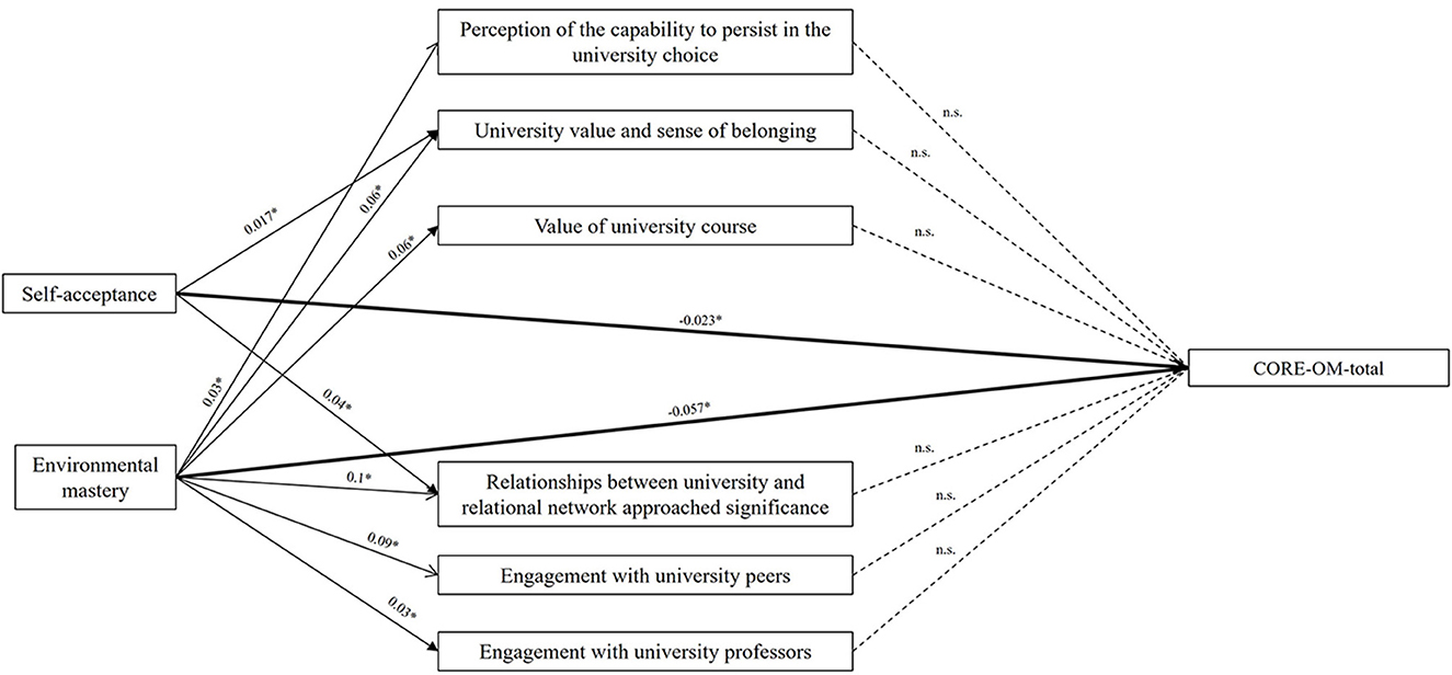 Flowchart depicting relationships between factors like self-acceptance and environmental mastery influencing various perceptions related to university, leading to CORE-OM-total. Significant paths are indicated by solid lines with coefficients, while nonsignificant paths are dashed.