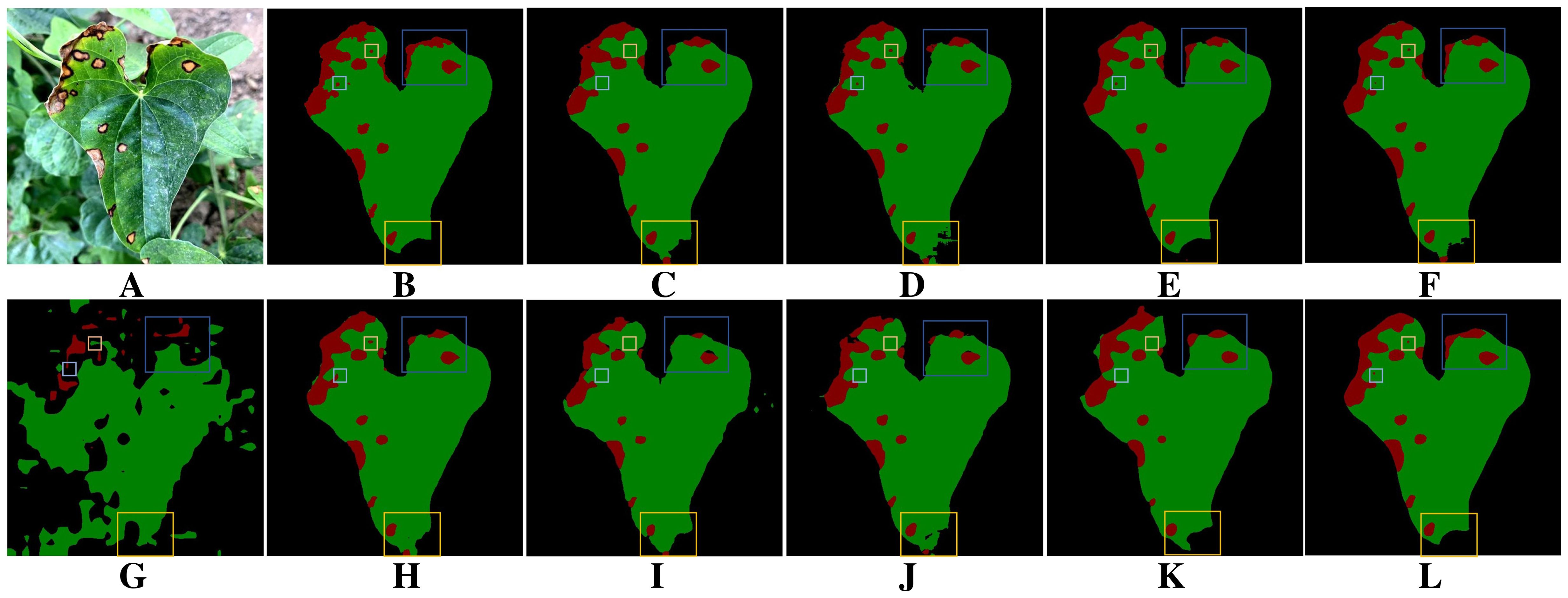 A green leaf shows brown, irregular spots indicating disease. Twelve images highlight leaf analysis, using color-coded outlines on the spots. Red areas mark disease presence, while green denotes healthy parts. Squares and rectangles in blue and yellow frame specific sections on the leaf in the analysis images.