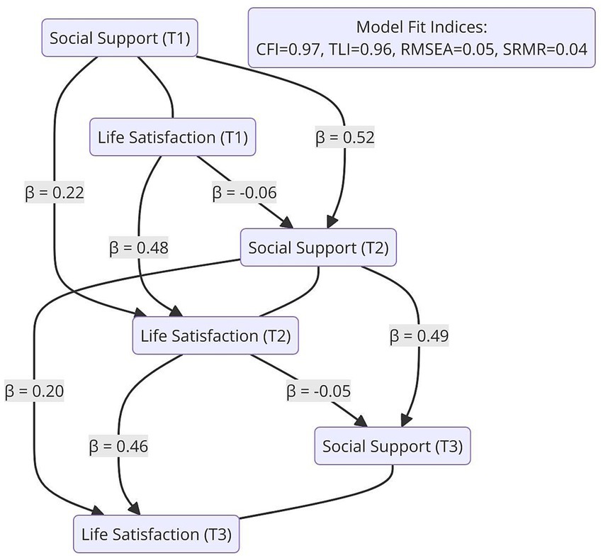 Path diagram illustrating relationships among variables over three time points (T1, T2, T3). Variables include Social Support and Life Satisfaction, each measured at the three times. Arrows indicate relationships with beta values, such as β = 0.22 from Social Support (T1) to Life Satisfaction (T2). Model fit indices are CFI=0.97, TLI=0.96, RMSEA=0.05, SRMR=0.04.