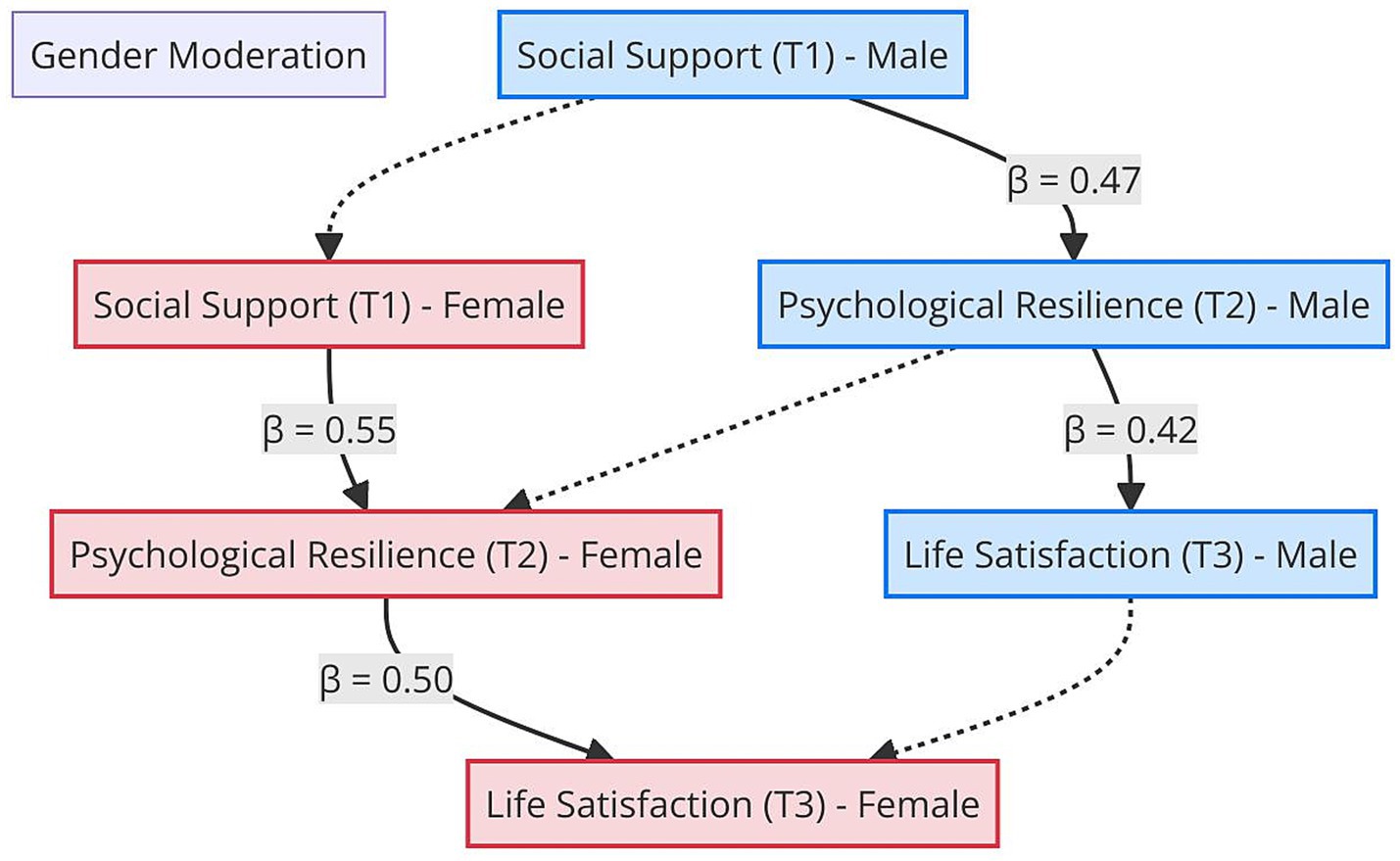 Flowchart illustrating gender moderation effects on social support, psychological resilience, and life satisfaction. Arrows show progression for males and females. Beta values: male social support to resilience (0.47), resilience to satisfaction (0.42); female social support to resilience (0.55), resilience to satisfaction (0.50).