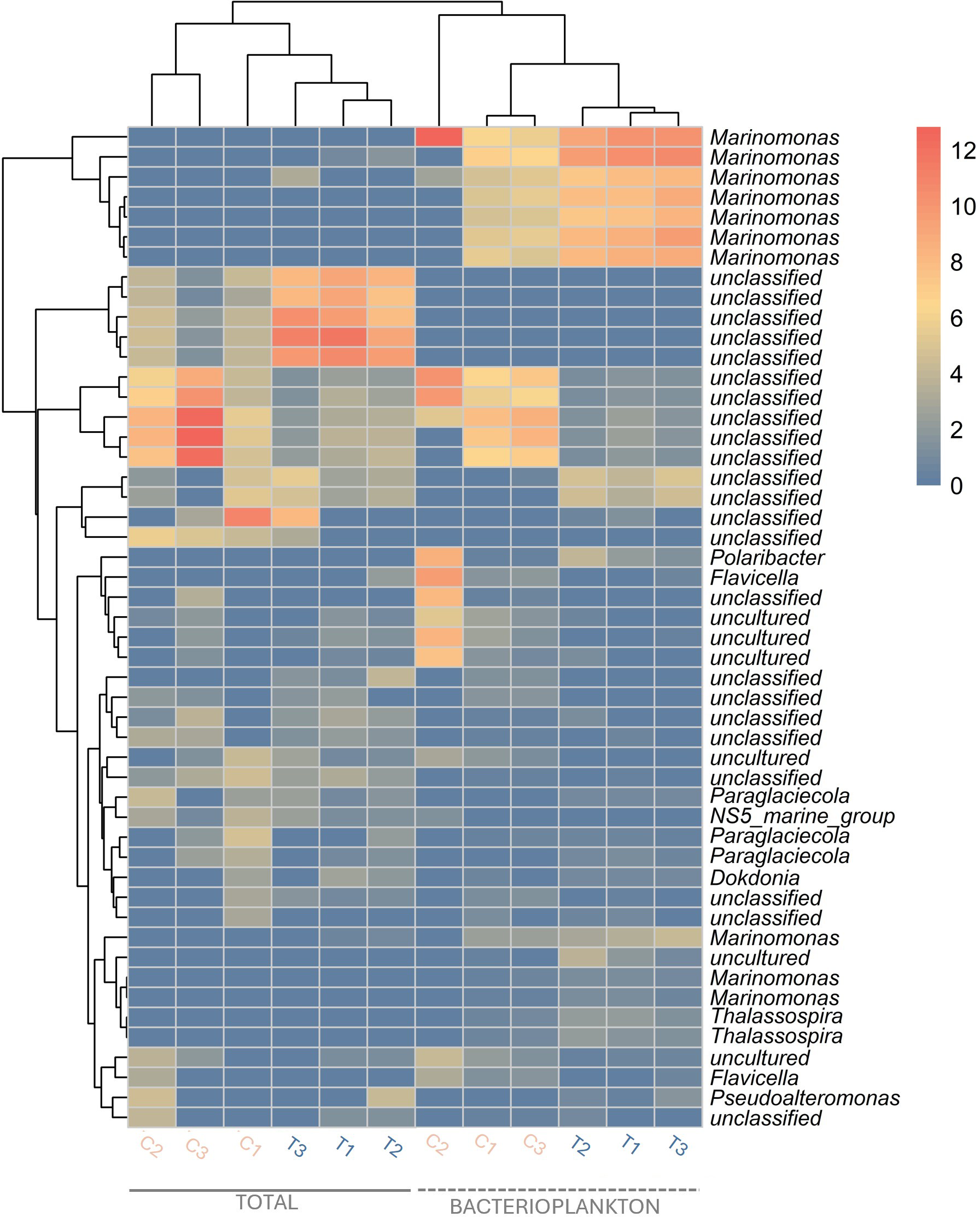 Heatmap showing the abundance of different bacterioplankton taxa, including Marinomonas, Polaribacter, and others. The color scale ranges from blue (0) to red (12), indicating increasing abundance. The vertical dendrogram clusters taxa based on similarity.