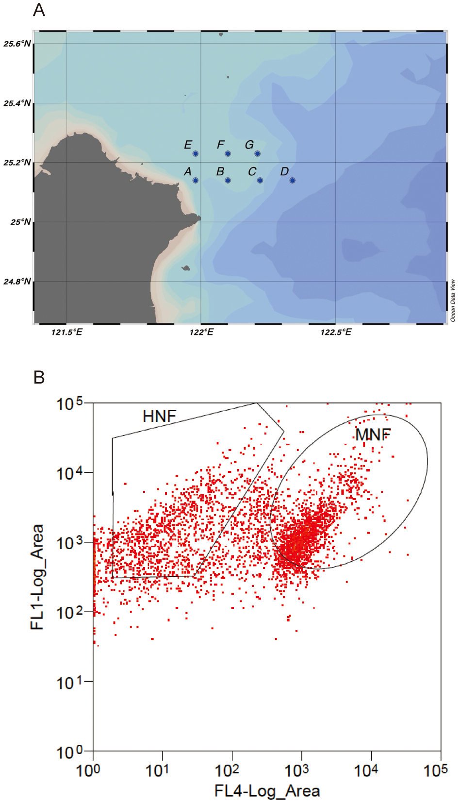 Map A shows a coastal area with locations marked A to G in the ocean southeast of the landmass. Map features include varying depths indicated by gradient blue shades. Chart B is a scatter plot with red dots representing data points. The x-axis is labeled FL4-Log_Area, while the y-axis is labeled FL1-Log_Area. Regions labeled HNF and MNF are outlined for different data clusters.