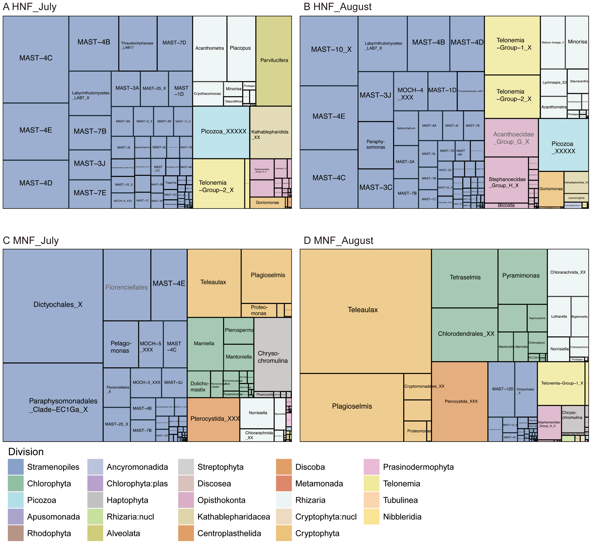 Treemap visualization showing the relative abundance of various microbial divisions in four panels: A HNF July, B HNF August, C MNF July, and D MNF August. Each panel is divided into different colored sections representing distinct taxonomic groups, including Stramenopiles, Chlorophyta, and others. The size of each section indicates the proportion of abundance. A legend below assigns colors to divisions, such as green for Stramenopiles and yellow for Chlorophyta.
