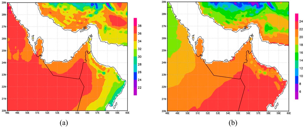 Side-by-side maps showing sea surface temperature in a region of the Arabian Sea. Map (a) features vibrant colors, mainly reds and oranges, indicating higher temperatures. Map (b) also shows high temperatures but with increased greens, suggesting slightly cooler temperatures in some areas. Both maps include a color scale ranging from 6 to 38 degrees Celsius.
