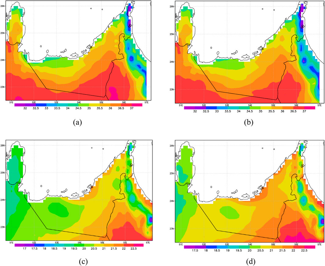 Four maps depict different data for the same region, likely a portion of the Middle East, with variations in color gradients. Panels (a) and (b) have shades from green to pink representing a range of numerical values from 32 to 37.5. Panels (c) and (d) use similar colors for values from 17 to 22.5. Each includes longitude and latitude markers, with regional boundaries clearly outlined.