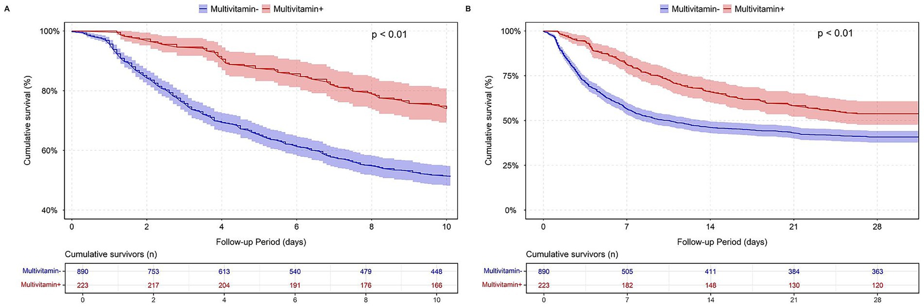 Two Kaplan-Meier survival curves compare multivitamin use effects. Graph A shows survival over 10 days and graph B over 28 days. In both graphs, the red line (multivitamin positive) consistently shows higher survival than the blue line (multivitamin negative). Shaded areas represent confidence intervals, and both show significant differences with p-values below 0.01. Cumulative survivor values are provided beneath each graph.