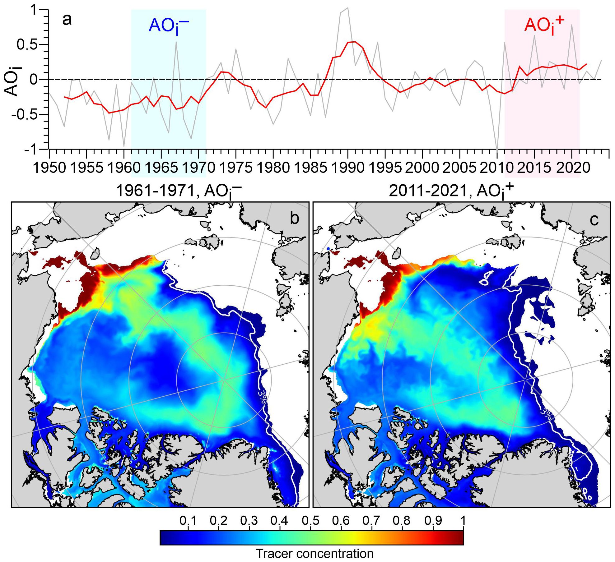 Graph and two maps illustrating changes in Arctic Ocean conditions. The graph (panel a) shows AO index trends from 1950 to 2020, shifting from negative to positive phases. Panel b maps Pacific water tracer concentration from 1961 to 1971, indicating lower concentrations. Panel c shows tracer concentration from 2011 to 2021, with higher concentrations, particularly along the coastlines. Color scales range from blue (low concentration) to red (high concentration).