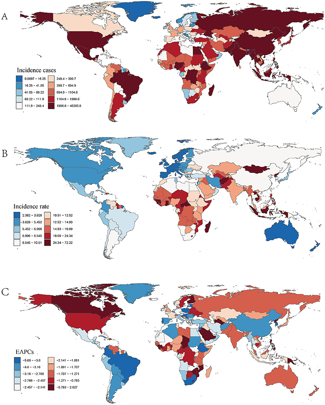 World maps illustrating variations in disease metrics by region across three panels. Panel A shows incidence cases using color gradients indicating different case ranges. Panel B depicts incidence rate with varying shades representing different rate categories. Panel C displays Estimated Annual Percentage Change (EAPC) using colors to show changes in EAPC values. Each map employs a legend to clarify the color coding and data intervals for each metric.
