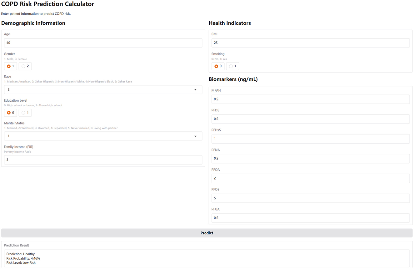 COPD Risk Prediction Calculator form with fields for demographic information such as age (40), gender (male), race, education, marital status, and family income. Health indicators include BMI (25) and smoking status. Biomarkers listed are MPAH, PFDE, PFHxS, PFNA, PFOA, PFOS, and PFUA with respective values. The prediction result indicates “Healthy” with a 4.46% risk probability, categorized as low risk.