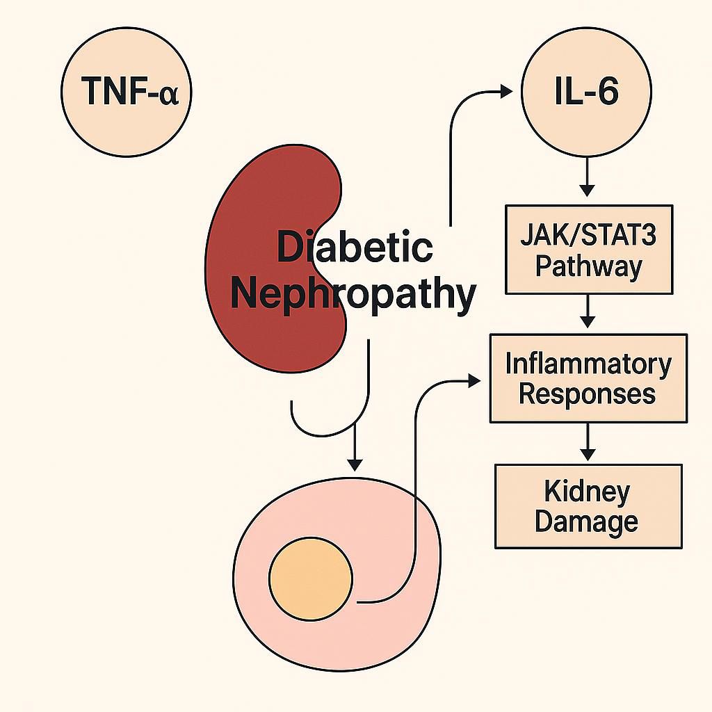 Diagram illustrating the progression of diabetic nephropathy. TNF-alpha and IL-6 contribute to the activation of the JAK/STAT3 pathway, leading to inflammatory responses and subsequent kidney damage.