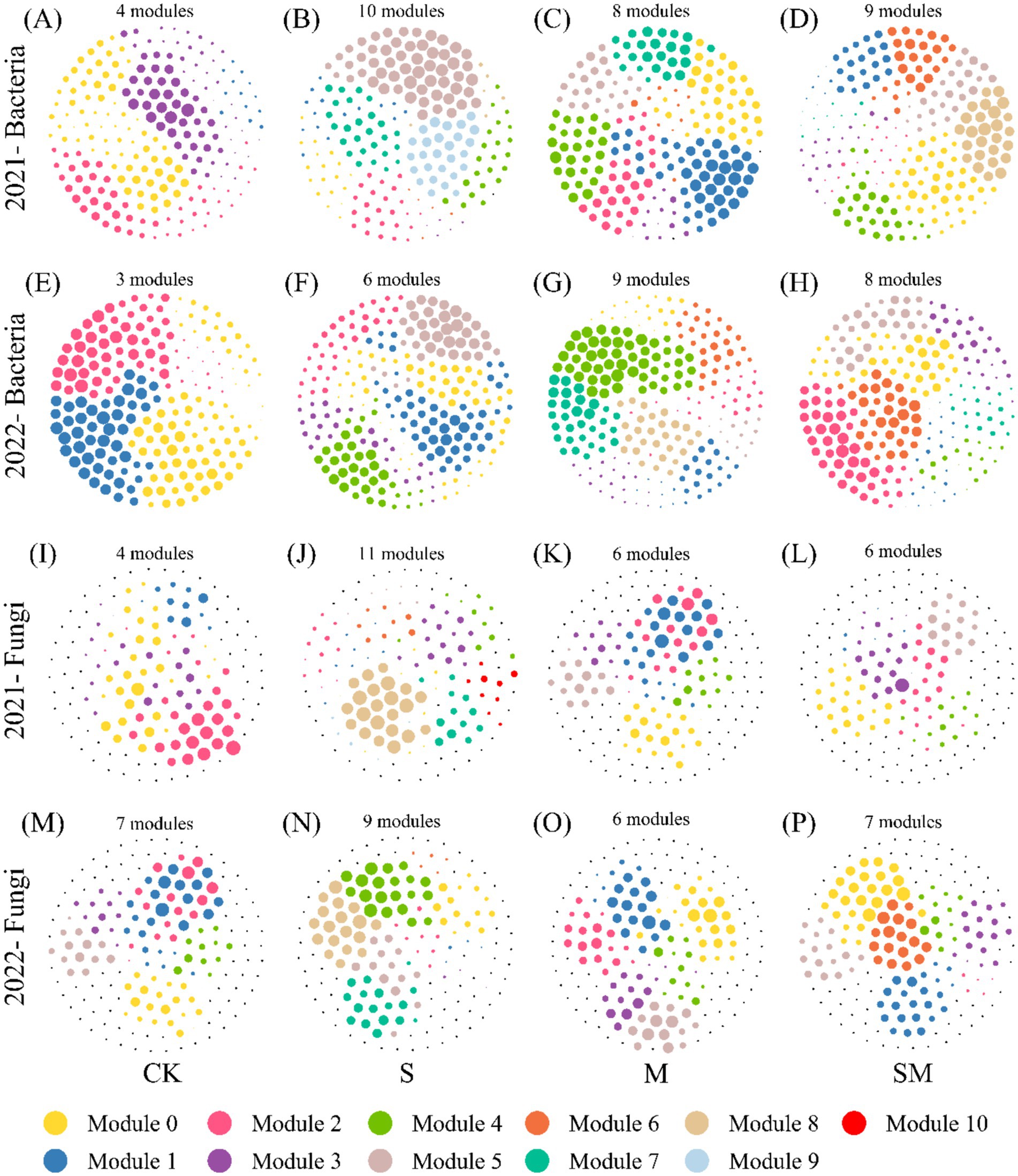 Network graphs showing modules of bacterial and fungal communities in 2021 and 2022. Each graph represents modules with various colors, indicating different groupings. The top half displays bacteria modules for 2021 and 2022 with varying numbers, while the bottom half shows fungi modules for the same years. Labels such as CK, S, M, and SM indicate different conditions. A color legend identifies module numbers from zero to ten.