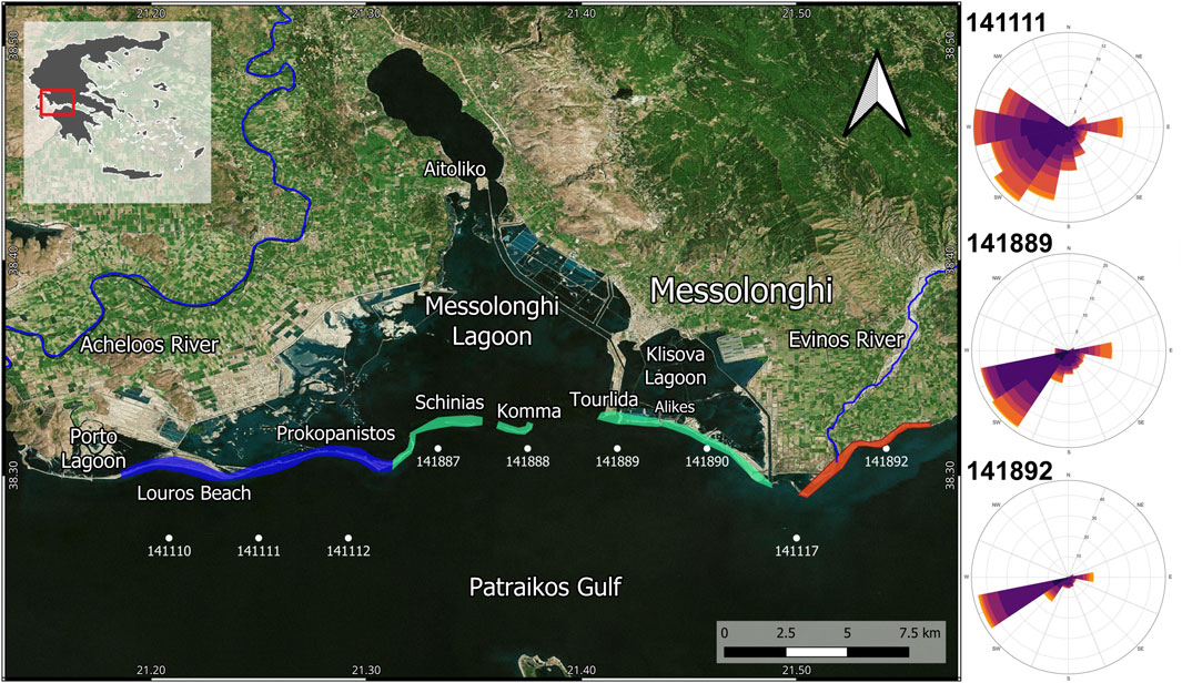 A satellite map of the Messolonghi Lagoon area, showing the Acheloos and Evinos rivers, Porto Lagoon, and Patraikos Gulf. Geographic features and locations such as Schinias, Komma, and Tourlida are labeled. The map includes color-coded lines and dots with numbers, possibly denoting specific study sites. An inset highlights the region's location. To the right, there are three circular graphs labeled with numbers (141111, 141889, 141892), showcasing data distributions in different colors. A scale bar is present at the bottom right of the map.