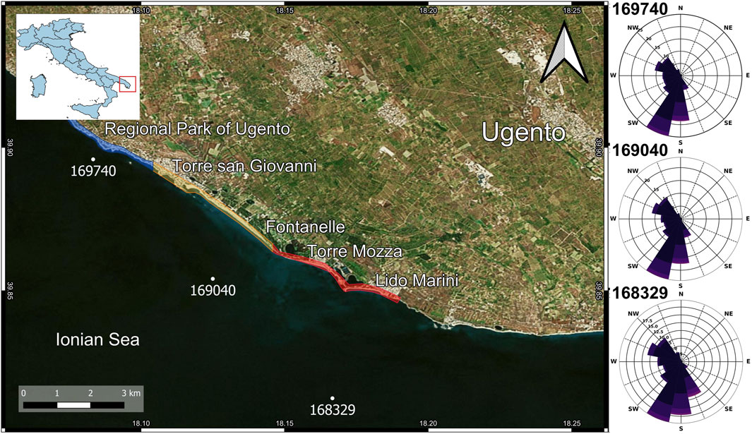 Satellite map of Ugento, Italy, indicating the Regional Park of Ugento and coastal areas like Torre San Giovanni, Fontanelle, Torre Mozza, and Lido Marini along the Ionian Sea. An inset map shows Italy's location. Directional wind rose diagrams for points 169740, 169040, and 168329 are on the right.