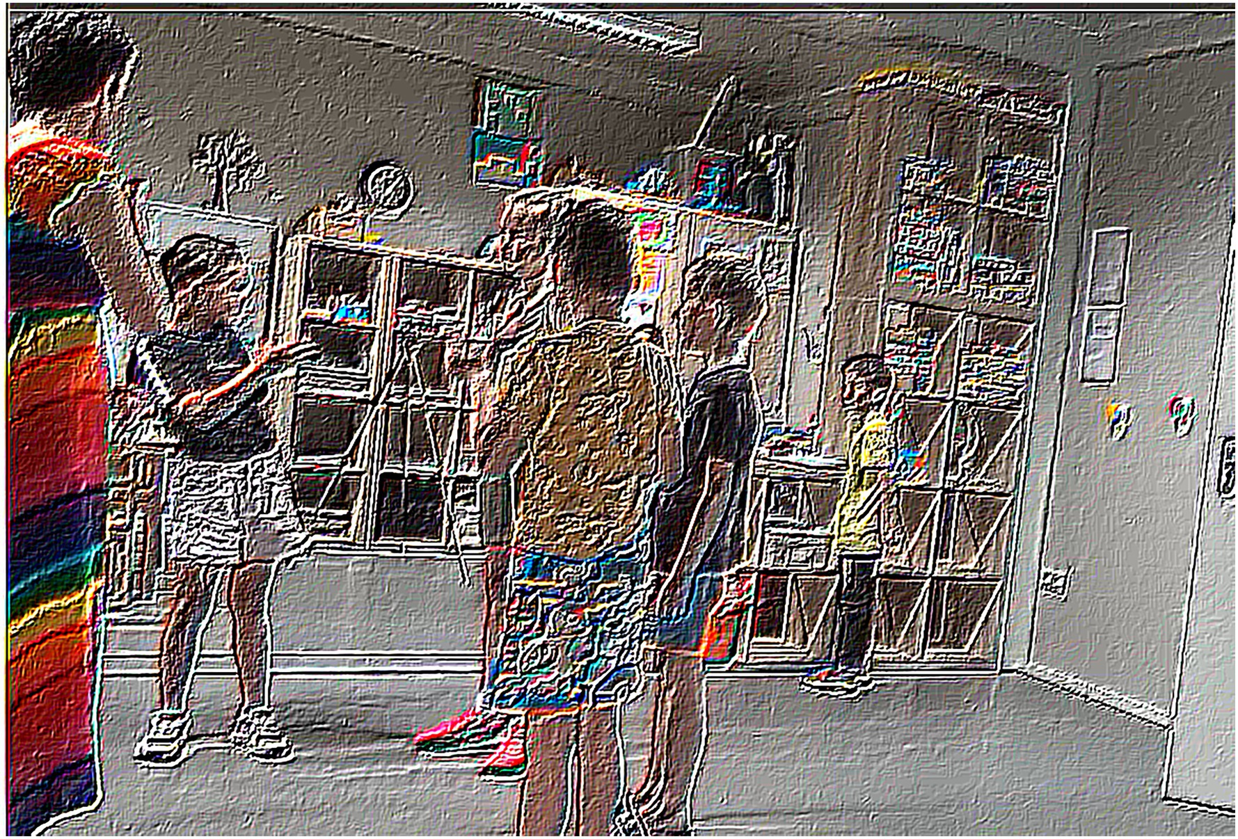 Children are gathered in a classroom with shelves of books and toys. A teacher stands on the left, wearing a colorful dress, interacting with the students. The image has a textured, artistic effect.