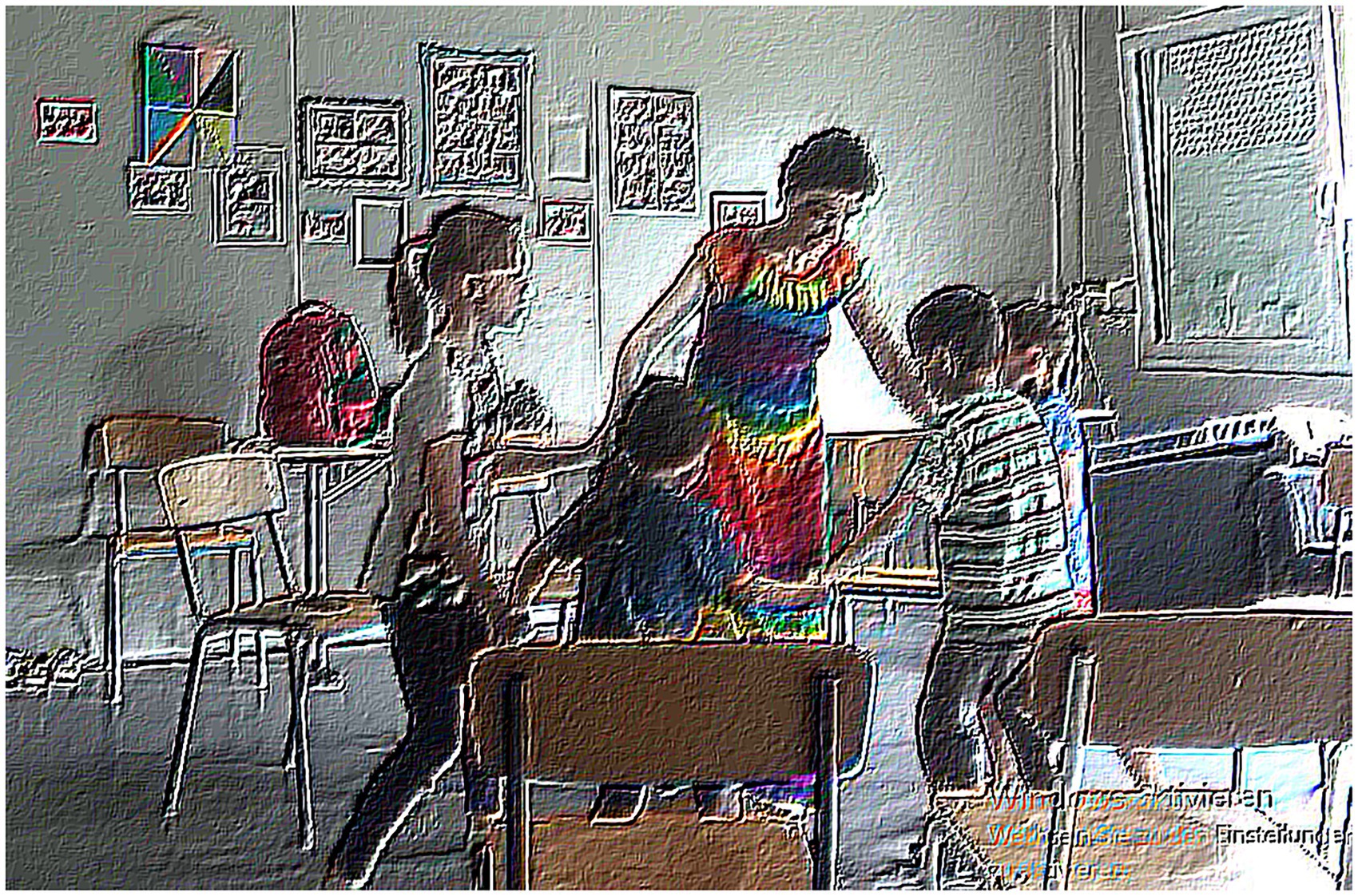 Four children and an adult, wearing a colorful dress, hold hands in a classroom. They are forming a circle, surrounded by chairs and a red backpack. The scene has an artistic, painted texture.
