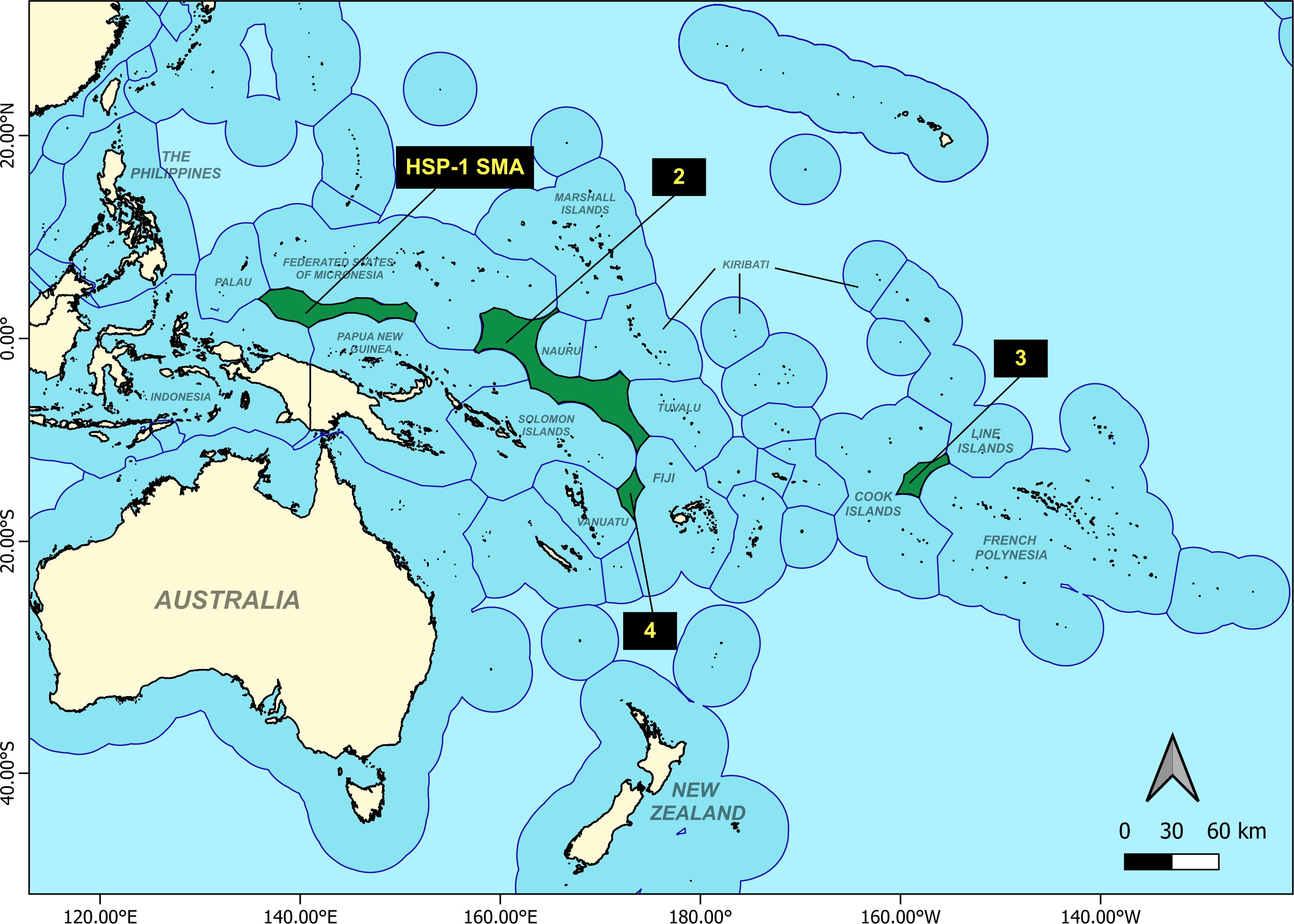 Map highlighting the four High Seas Pockets in the Western and Central Pacific Ocean, shown with numbered locations, which are key areas for tuna fisheries management and conservation.