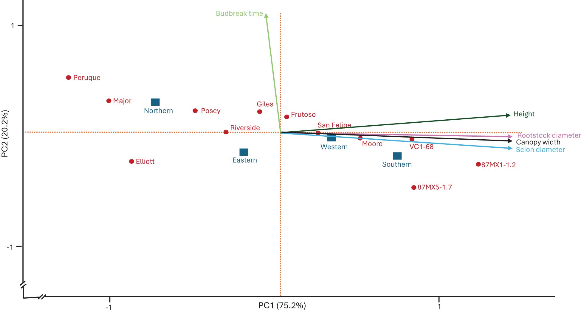 Scatter plot illustrating principal component analysis (PCA) results. The horizontal axis shows PC1 (75.2%) and the vertical axis shows PC2 (20.2%). Data points are labeled with plant traits such as budbreak, height, canopy width, rootstock diameter, and scion diameter, highlighting the distribution of different rootstocks and their geographic origins.