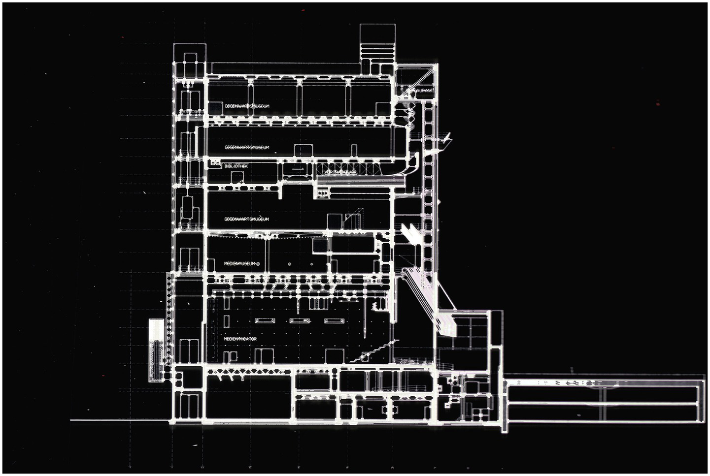 Architectural blueprint depicting the cross-section of a multi-story building labeled with sections such as "Gegenwartmuseum" and "Bibliothek." The design features various floors with distinct rooms and structural elements, outlined in white against a black background.