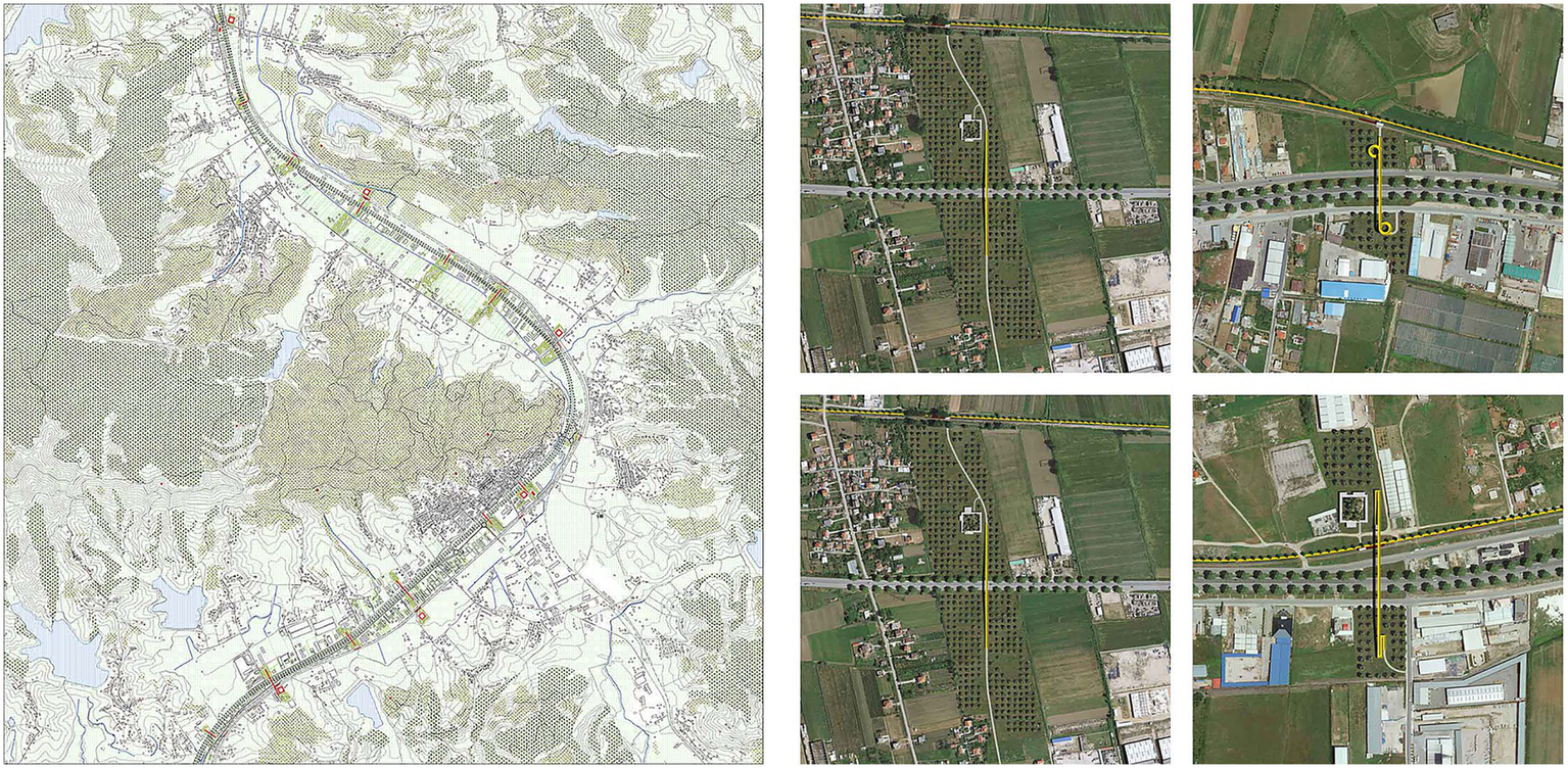 A composite image showing a detailed map on the left featuring roads, topography, and vegetation. On the right, there are four aerial images highlighting different segments of the area, showcasing agricultural fields, roads, and scattered buildings. Lines and markings indicate specific features or routes.