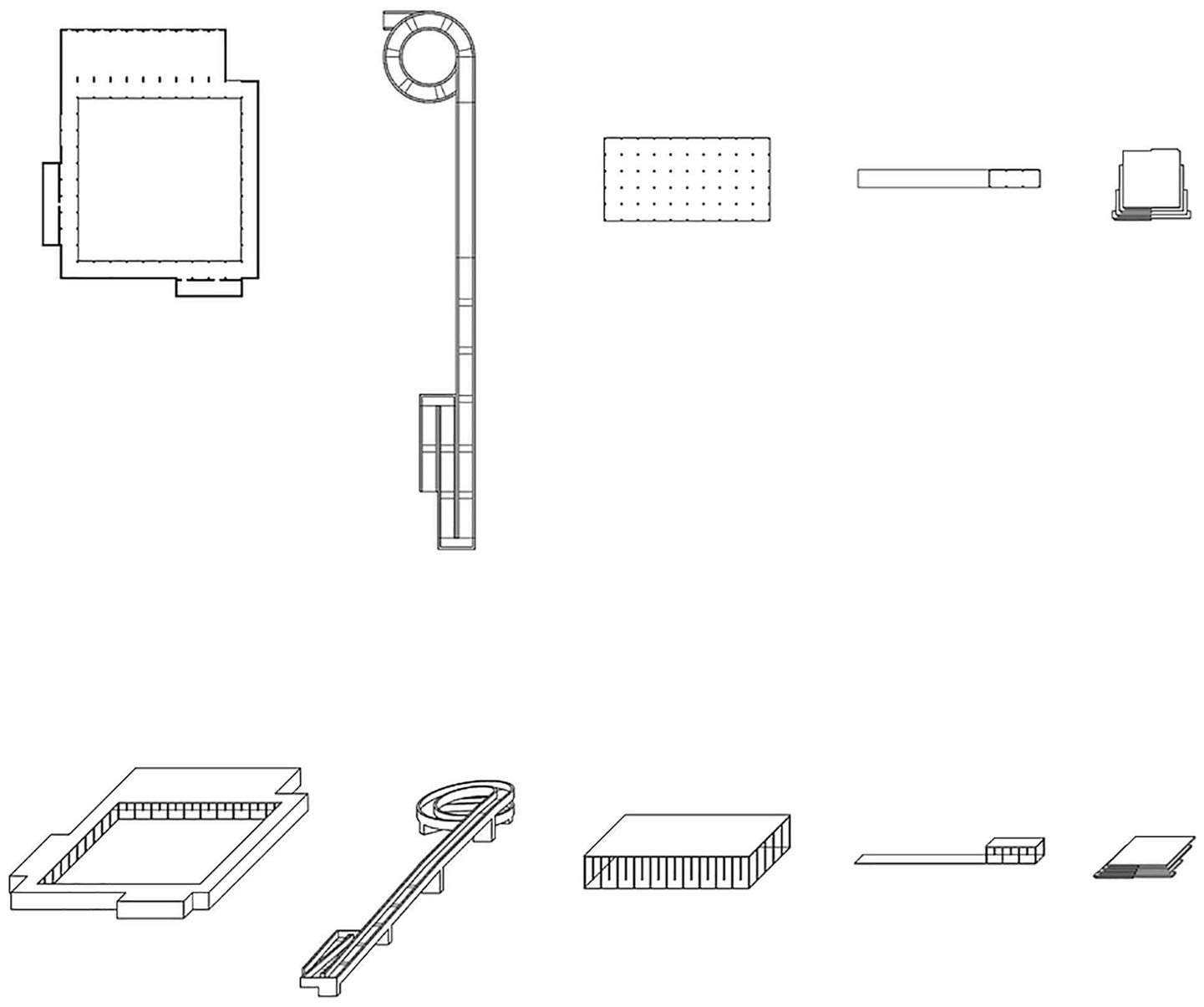 Diagrams of various connector outlines, including rectangular and circular shapes. Each diagram represents different configurations with variations in length, width, and detailed line work, arranged in two rows.