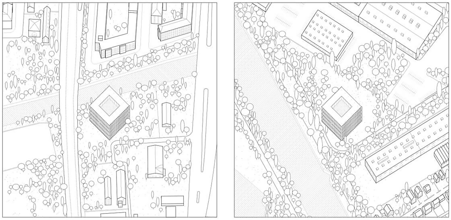 Two architectural drawings depicting urban layouts with roads, buildings, and green spaces. The left illustration shows a central square building surrounded by paths, trees, and smaller structures, while the right focuses on a similar square building amidst dense vegetation and various buildings.