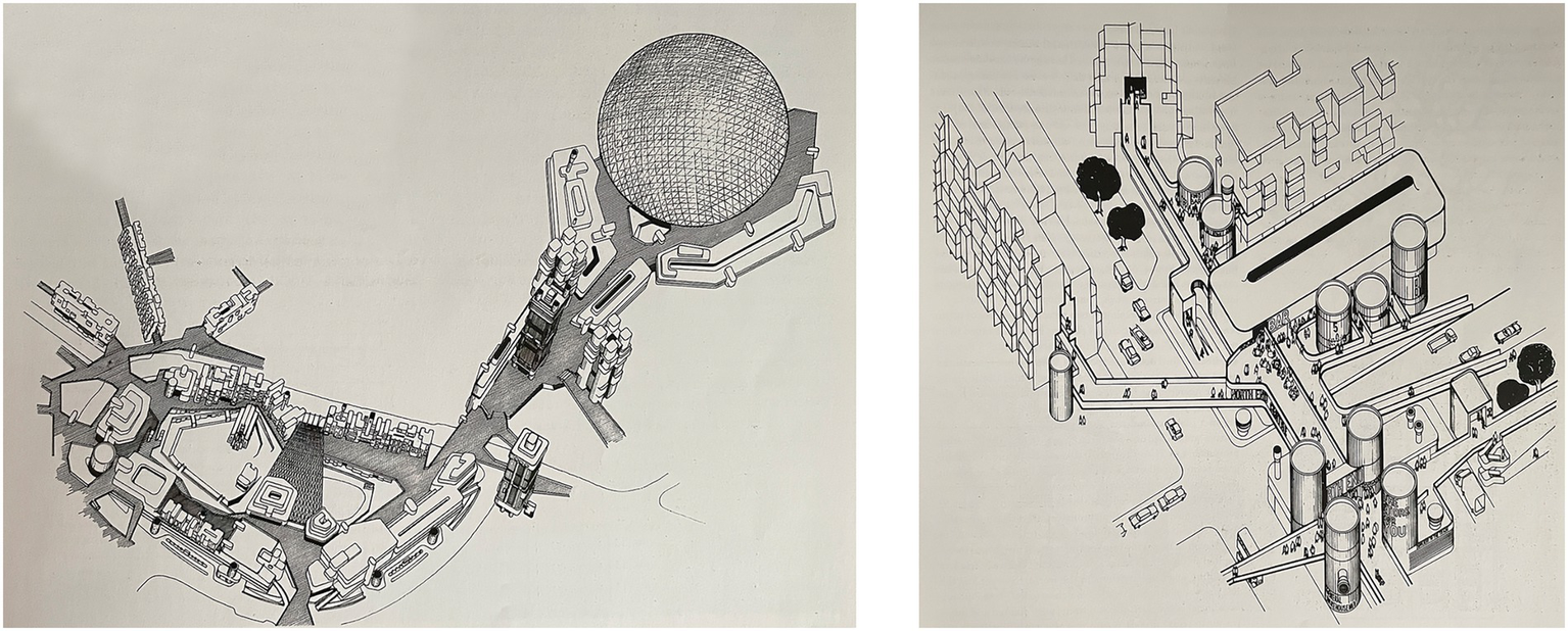 Two architectural sketches depict futuristic urban designs. The left image features a series of interconnected buildings and structures leading to a large geodesic dome. The right image showcases buildings with cylindrical and rectangular shapes, roads, trees, and small figures, suggesting a complex urban environment.