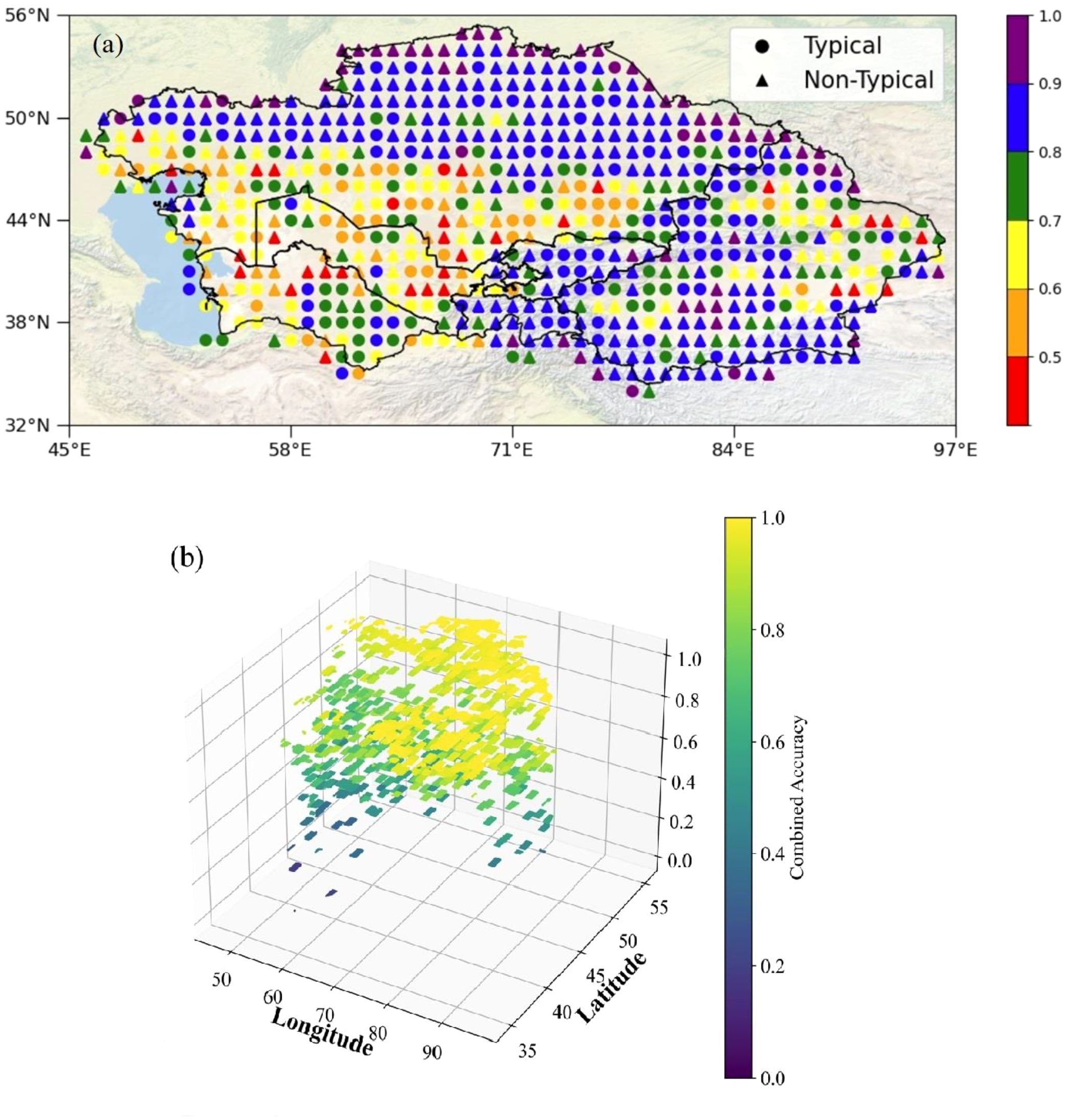Map and 3D graph displaying geographical data. (a) Map shows a region with colored circles and triangles indicating typical and non-typical areas, color-coded by accuracy. (b) 3D plot represents combined accuracy over the same region, with longitude and latitude axes.