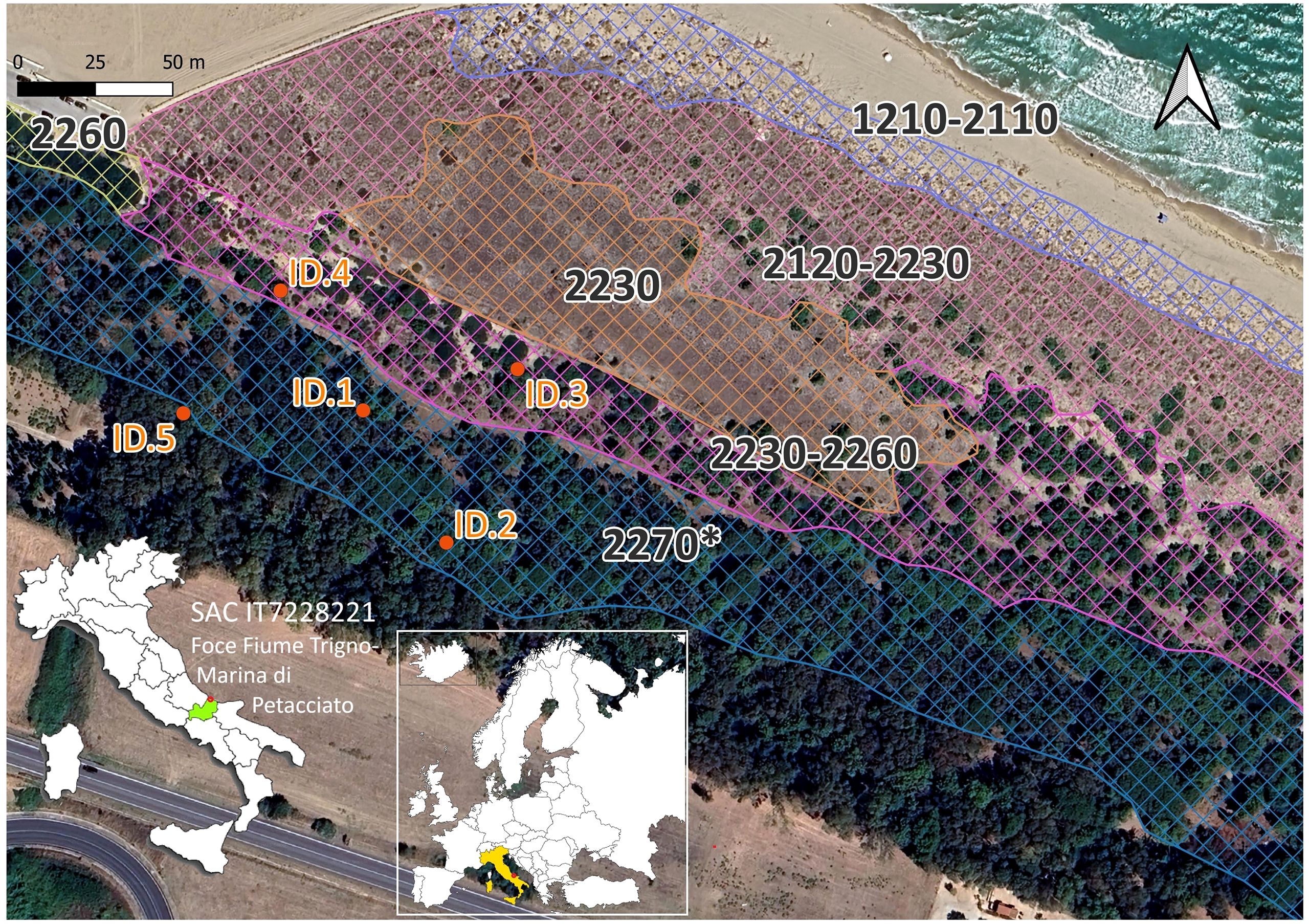 A satellite map of Foce Fiume Trigno - Marina di Petacciato, Italy, divided into zones with grid overlays labeled from 1210-2110 to 2270. Points ID.1 to ID.5 mark specific locations. Insets show the area on maps of Italy and Europe. A scale and north arrow are included.