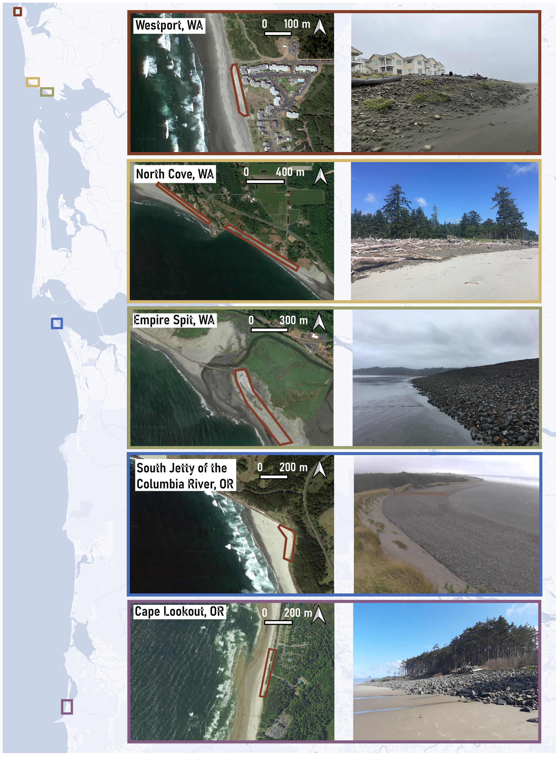 Five panels showing satellite imagery and ground photos of dynamic revetment project sites. Each panel is divided in half, with the left side showing satellite imagery with the location of the dynamic revetment project outlined in red. The right side shows photos of the dynamic revetments at each site. From north to south, these project locations are Westport, North Cove, and Empire Spit in Washington, and the Mouth of the Columbia River – South Jetty and Cape Lookout in Oregon. To the left of these five panels, boxes indicate the project locations on a map of the Pacific Northwest Coast.