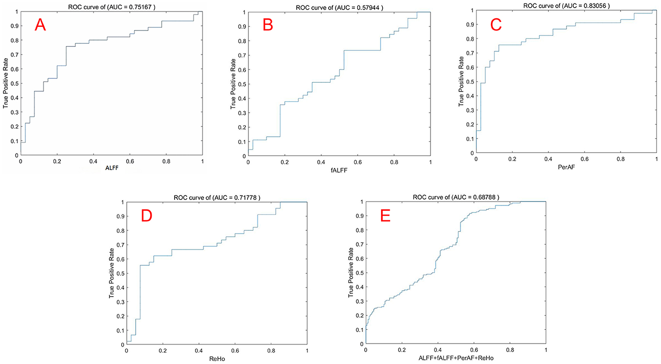 Five ROC curve graphs labeled A to E, showing the true positive rate against the false positive rate for different metrics. Graph A: ALFF with AUC 0.75167. Graph B: fALFF with AUC 0.57944. Graph C: PerAF with AUC 0.80306. Graph D: ReHo with AUC 0.71778. Graph E: Combination of ALFF, fALFF, PerAF, ReHo with AUC 0.68788.