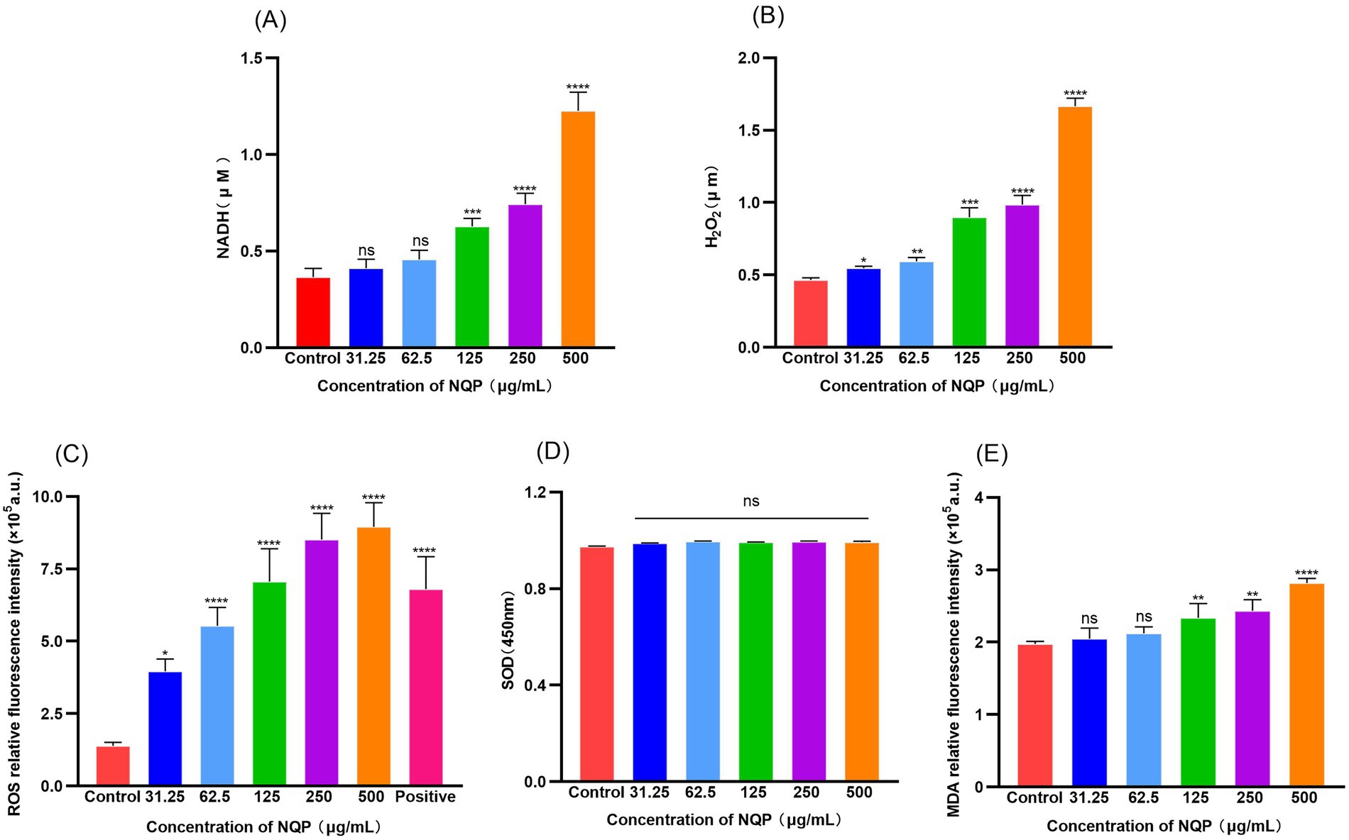 Bar graphs display the effects of different concentrations of NQP (in micrograms per milliliter) on various biochemical markers. Chart A shows increased NADH levels; B shows H2O2 levels; C displays ROS fluorescence intensity with a positive control; D presents SOD activity showing no significant change; E indicates increased MDA fluorescence intensity. Statistical significance is marked with asterisks, with color variation for each concentration level.