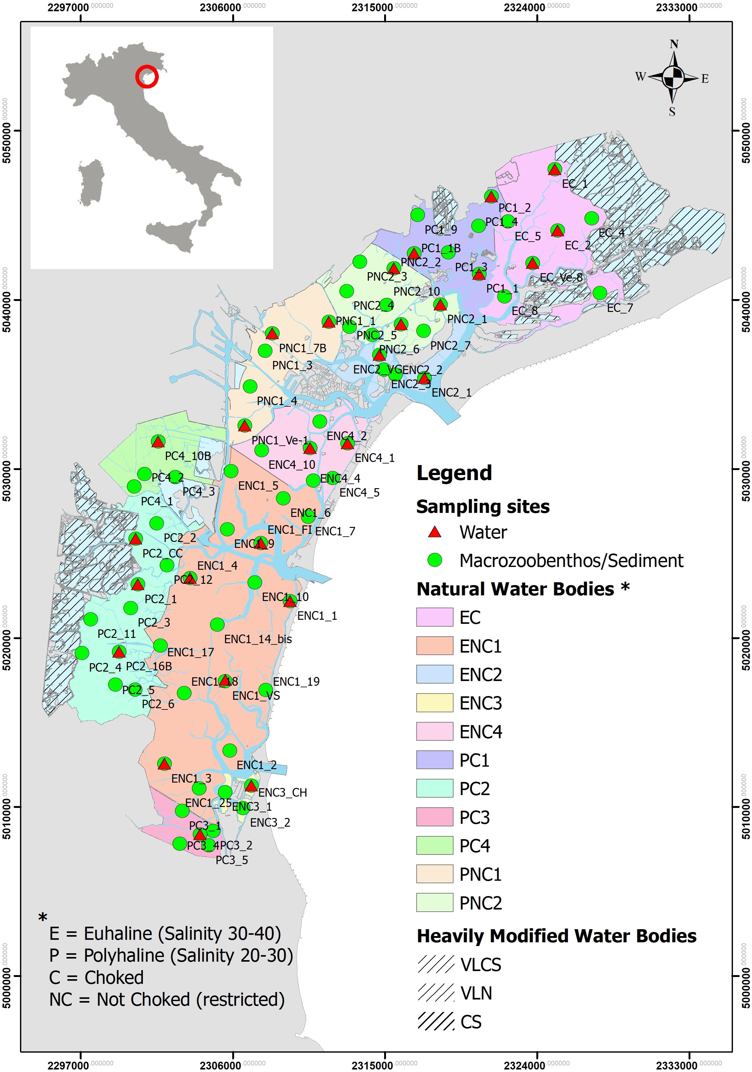 Map of the Lagoon of Venice showing sampling sites and water bodies. Various colored areas represent natural water bodies, including EC, ENC1-4, PC1-4, PNC1-2. Sampling sites are marked with red triangles for water and green circles for macrozoobenthos and/or sediment. A small inset map shows the lagoon's location in Italy (North-east). The legend details salinity (Euhaline and Polyhaline) and confinement (Choked, Not Choked) typologies and heavily modified water bodies.