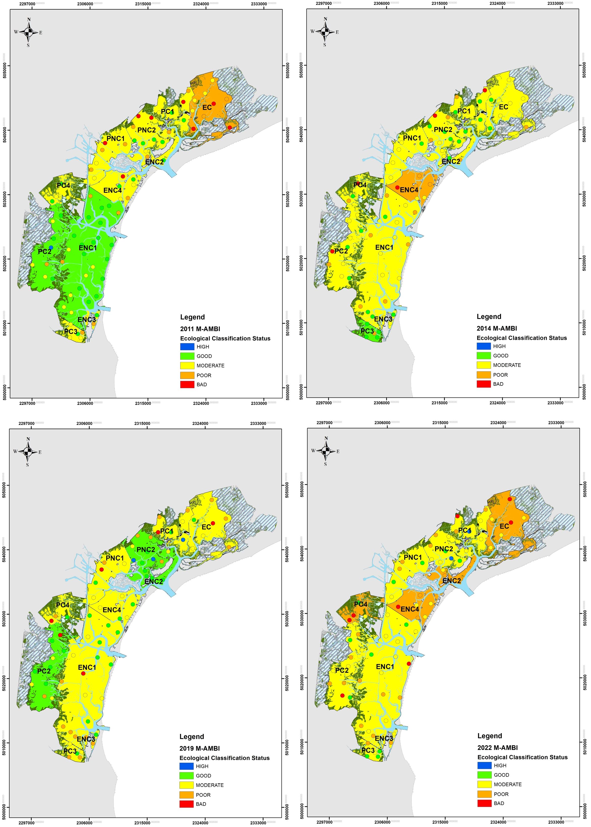 Four maps titled “M-AMBI Ecological Classification Status” for 2011, 2014, 2019, and 2022 show a region's ecological condition. Each map uses colors to represent status: blue for high, green for good, yellow for moderate, orange for poor, and red for bad. Locations such as ENC1, ENC2, PC1, and PC3 are marked, with visible progression and changes in ecological status over the years. A legend explains the color coding, and a compass indicates directions.