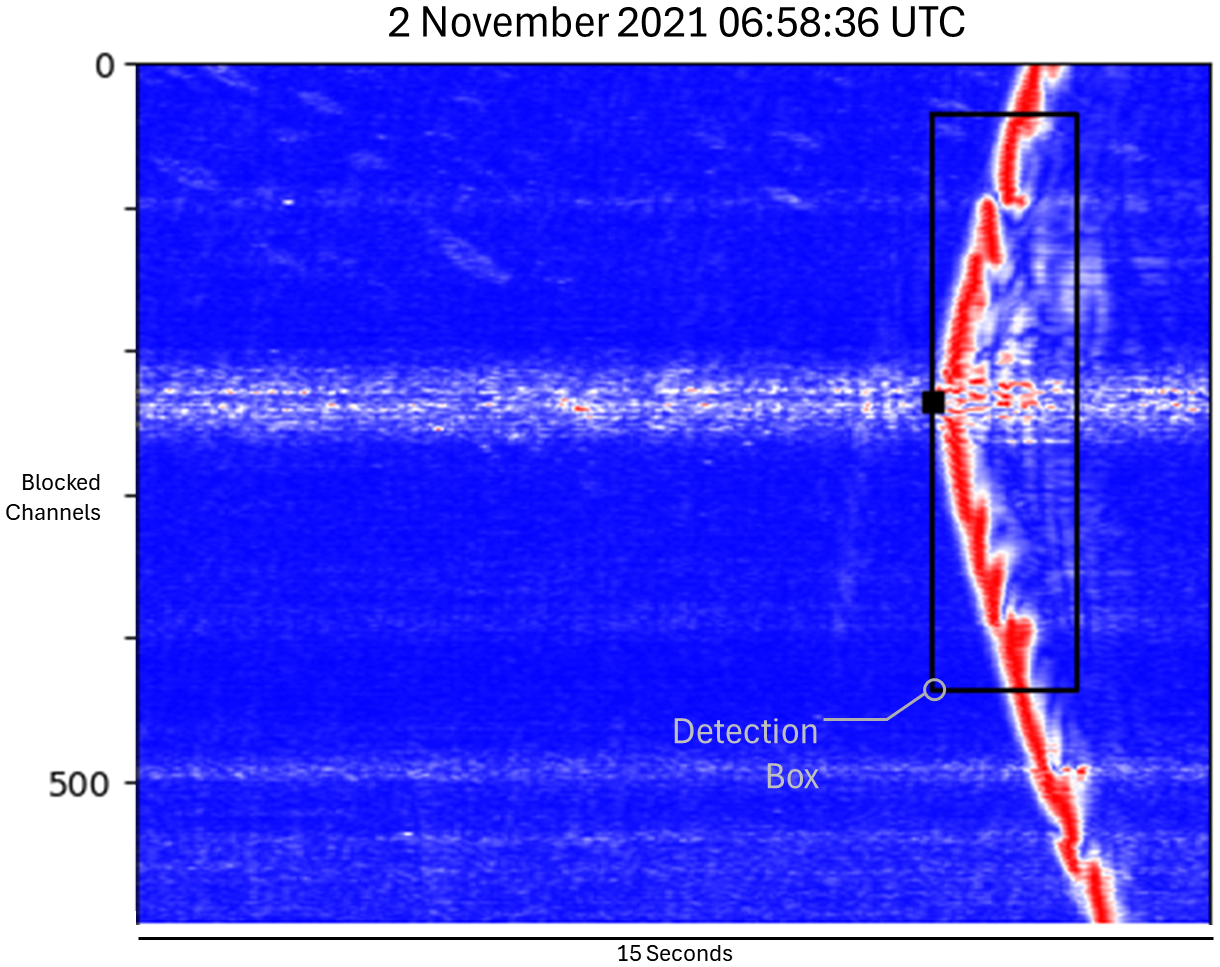 Blocked acoustic data showing a detected whale call. A black box highlights the whale call and is labeled “Detection Box.” The y-axis is labeled “Blocked Channels,” and the x-axis shows “15 Seconds.” The date and time displayed are 2 November 2021 06:58:36 UTC.