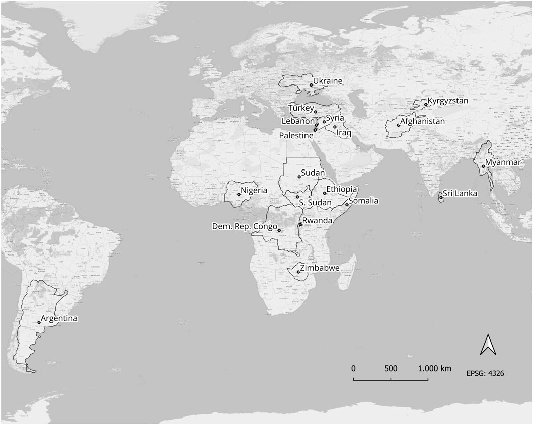 World map showing countries highlighted and labeled: Argentina, Ukraine, Turkey, Lebanon, Syria, Palestine, Iraq, Afghanistan, Kyrgyzstan, Myanmar, Sri Lanka, Nigeria, Democratic Republic of Congo, Sudan, South Sudan, Ethiopia, Somalia, Rwanda, and Zimbabwe. Scale bar indicates distances in kilometers.