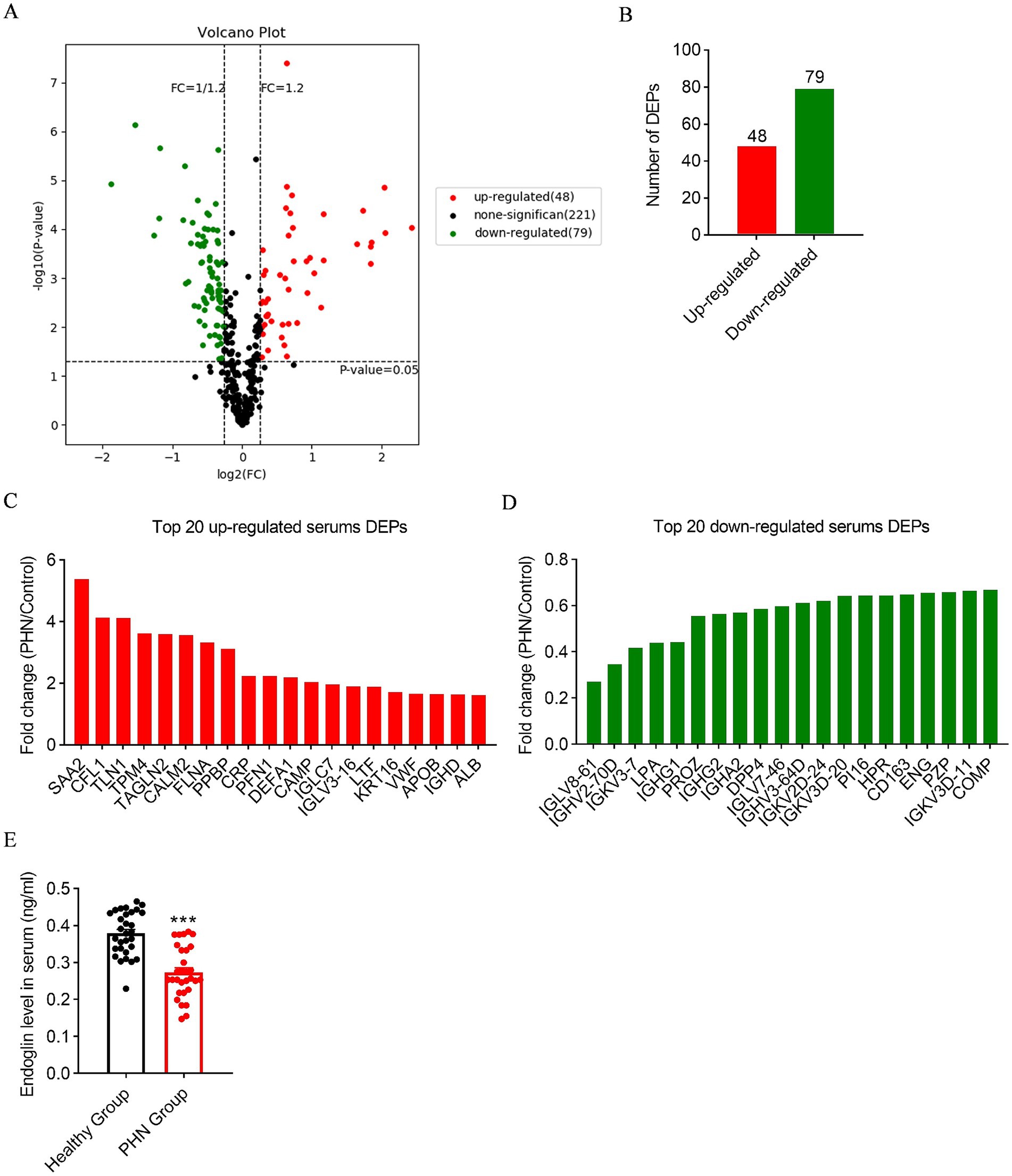 Panel A displays a volcano plot showing up-regulated, down-regulated, and non-significant data points with fold change and p-value axes. Panel B is a bar graph comparing the number of up-regulated versus down-regulated differentially expressed proteins (DEPs), with 48 up-regulated and 79 down-regulated. Panels C and D show bar charts of the top 20 up-regulated and down-regulated serum DEPs, respectively, with specific proteins labeled. Panel E presents a bar graph comparing endoglin levels in serum between healthy and PHN groups, indicating significantly higher levels in the PHN group.
