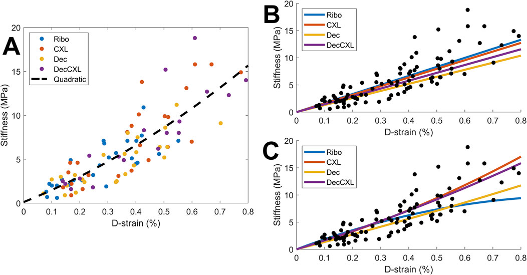Three graphs labeled A, B, and C plot stiffness (MPa) against D-strain (%) with dots and lines. Graph A features colored dots with a dashed quadratic trendline. Graphs B and C display colored trendlines for treatments Ribo, CXL, Dec, and DecCXL. The stiffness increases with D-strain in all graphs.