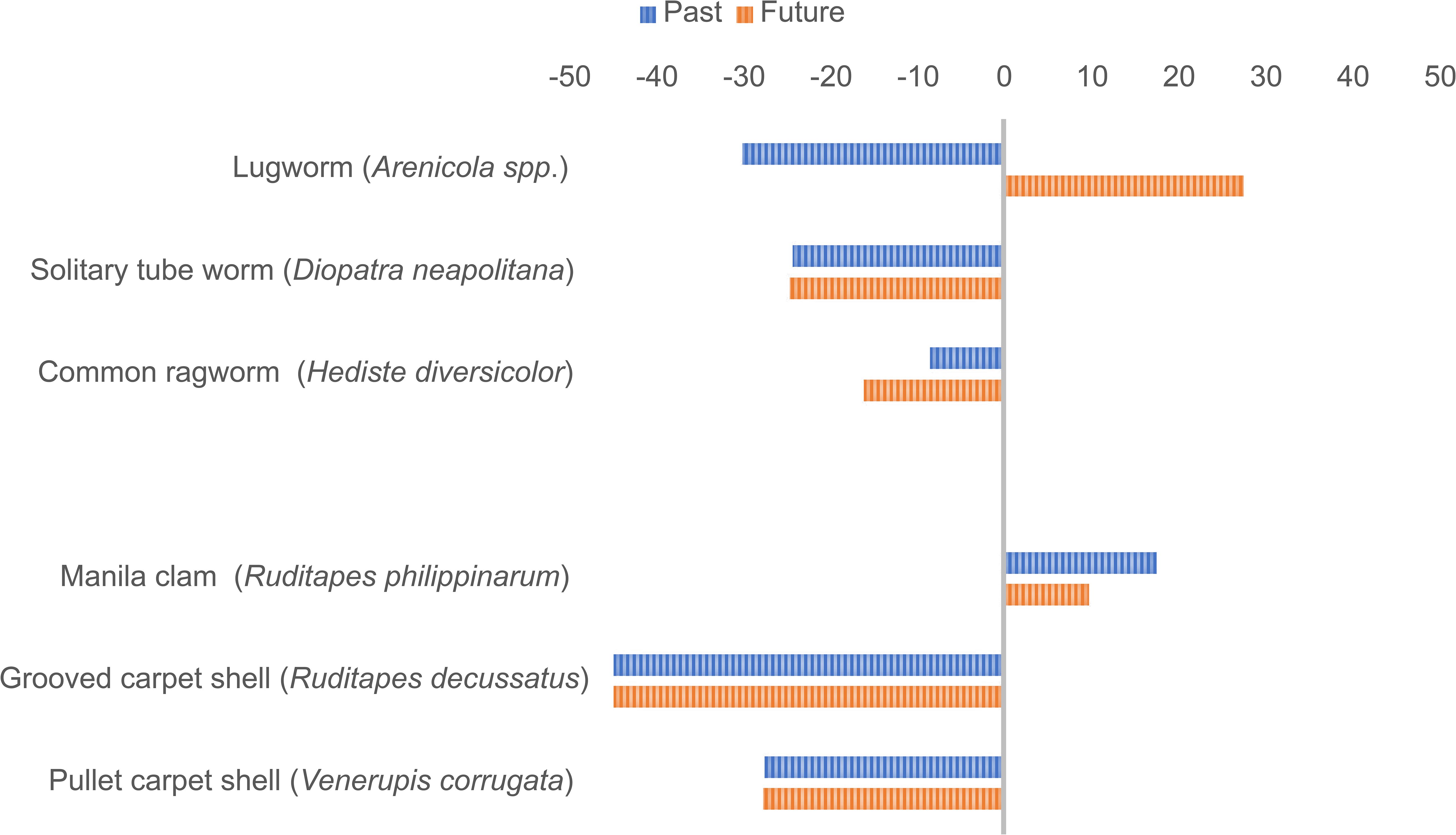 Bar chart showing species responses in the past (blue) and future (orange). Lugworm shows positive future response. Solitary tube worm, common ragworm, and multiple clam species show varied past and future changes.