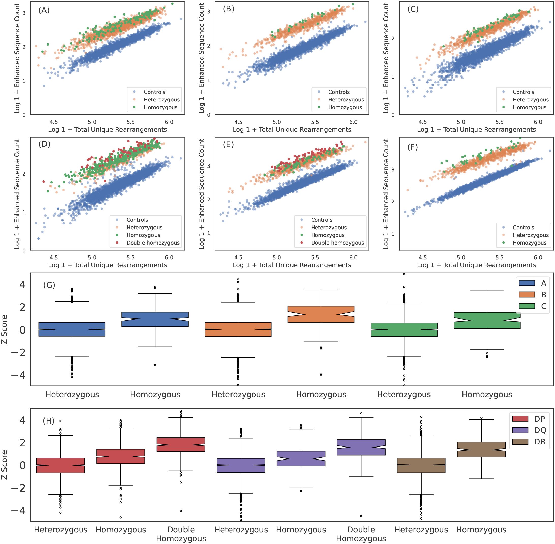 Scatter plots (A-F) and box plots (G-H) show genetic variations and statistical distributions. Scatter plots display enhanced sequence counts vs. unique rearrangements, categorized by controls, heterozygous, homozygous, and double homozygous groups. Box plots illustrate Z scores for these groups, color-coded by different categories (A, B, C, DP, DQ, DR), showing data dispersion and outliers.