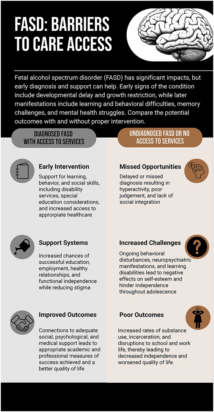 Infographic titled “FASD: Barriers to Care Access” comparing outcomes for individuals with fetal alcohol spectrum disorder (FASD) who receive services versus those who do not. On the left, diagnosed individuals with service access benefit from early intervention, support systems, and improved outcomes. On the right, undiagnosed individuals face missed opportunities, increased behavioral challenges, and poor outcomes including substance use and decreased quality of life. A brain illustration and icons accompany each section.