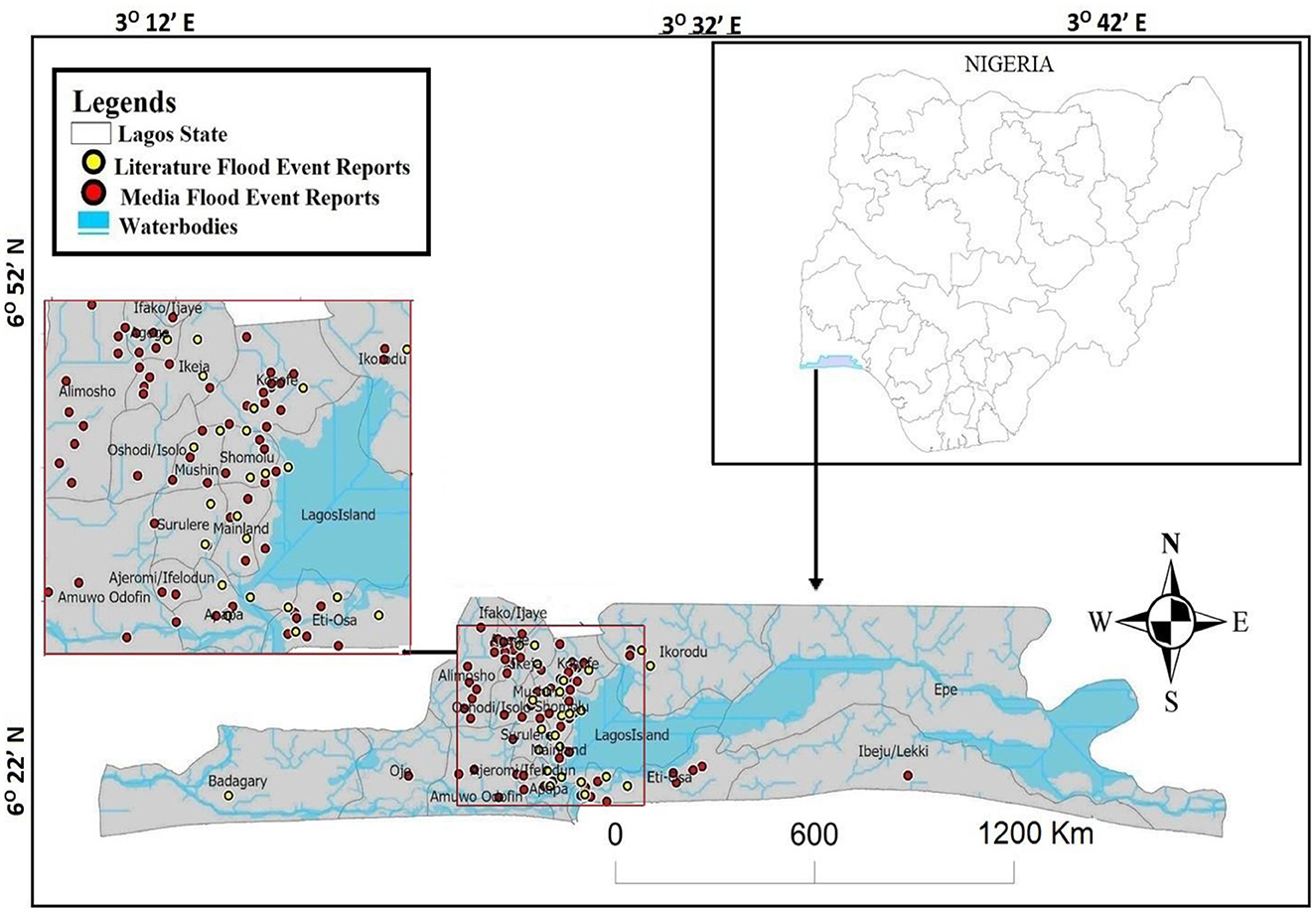 Map of Lagos State, Nigeria, showing locations of flood reports. Yellow dots represent literature flood event reports, red dots represent media flood event reports, and blue areas indicate water bodies. An inset map highlights specific locations within Lagos with a legend for clarification. Compass rose shows orientation.