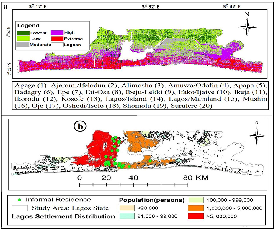 Top image shows a map of Lagos State with varying flood risk levels: lowest to extreme, depicted in colors from green to red. The bottom image displays Lagos Settlement Distribution, showing informal residences and population density ranging from less than 20,000 to over five million people across different areas, highlighted in shades of white, orange, and red. Both maps include labels for various locations within Lagos.